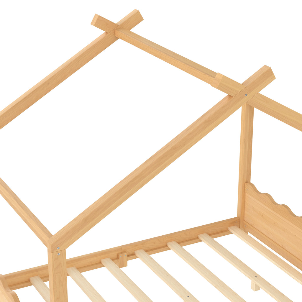 Full House Floor Bed with Support Slats, Solid Wood House Bed Frame for Kids, No Box Spring Needed and Opening Constructure, Natural