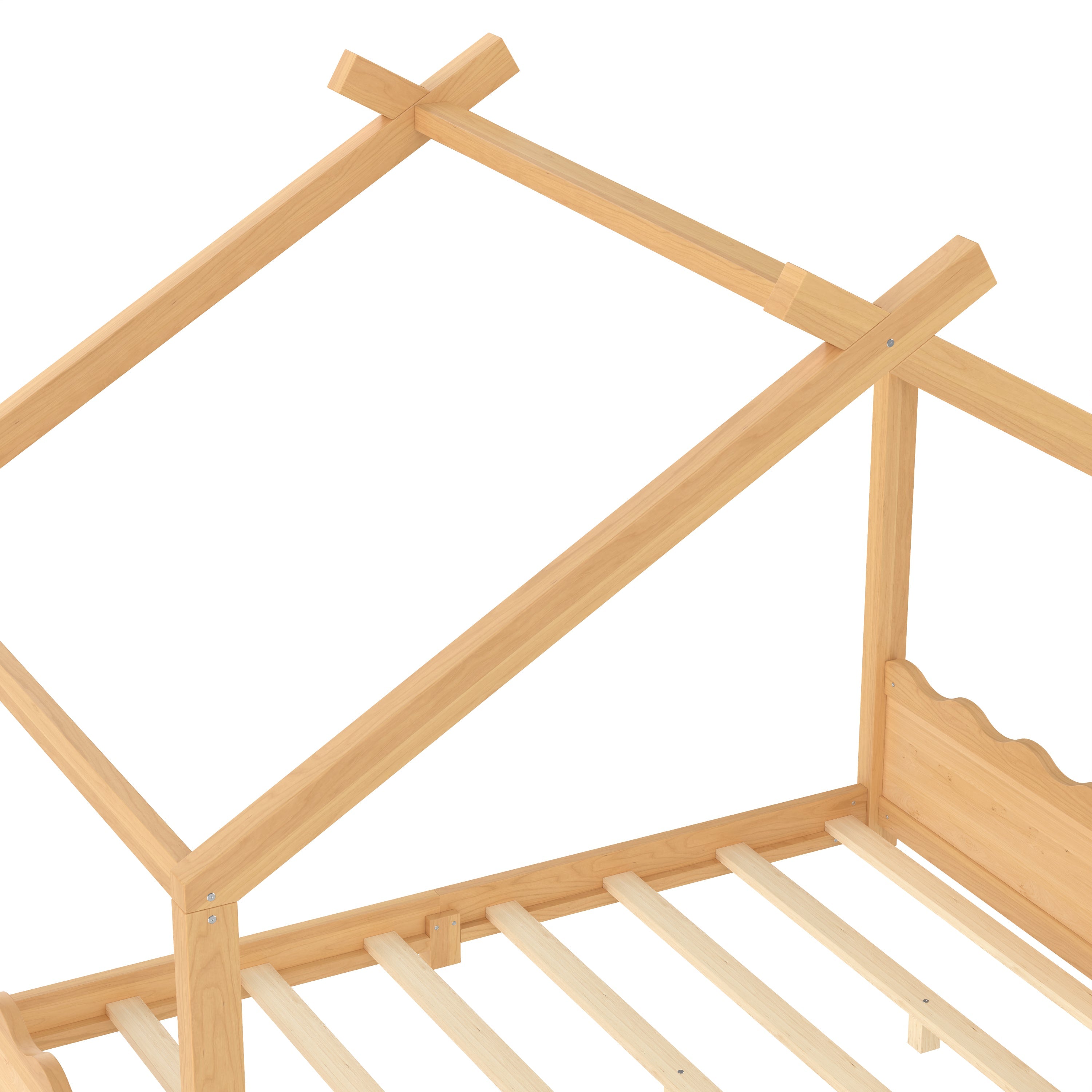 Full House Floor Bed with Support Slats, Solid Wood House Bed Frame for Kids, No Box Spring Needed and Opening Constructure, Natural