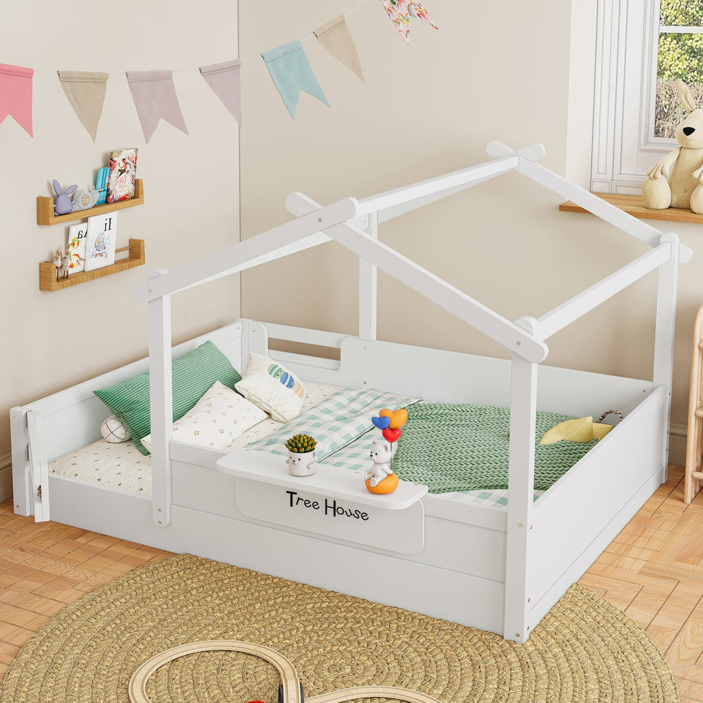 Full Size Floor Bed with Guardrails and Roof, Kids House Floor Bed with a Small Built-in Tray and Free-installed Signboard, Childlike Design, White