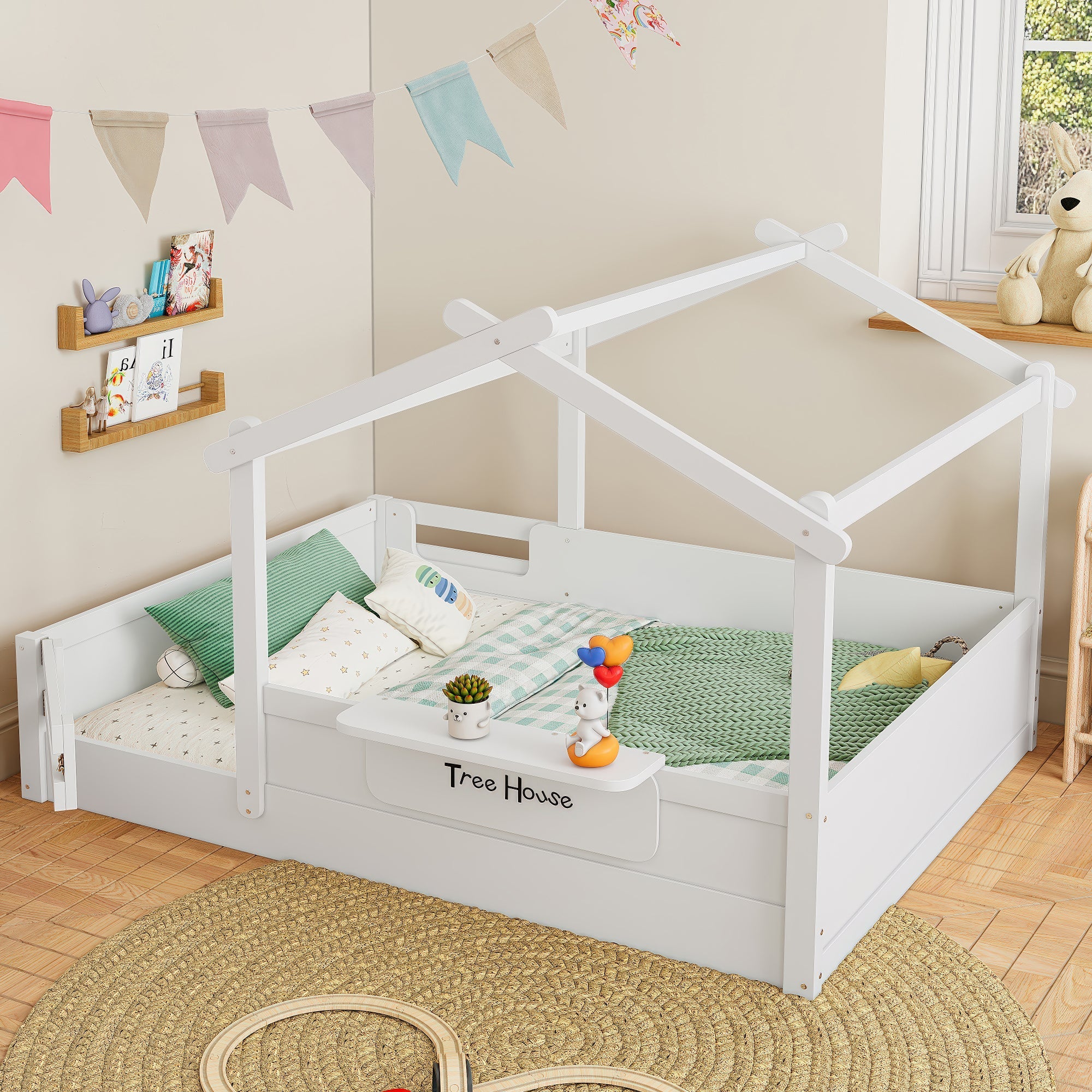 Full Size Floor Bed with Guardrails and Roof, Kids House Floor Bed with a Small Built-in Tray and Free-installed Signboard, Childlike Design, White