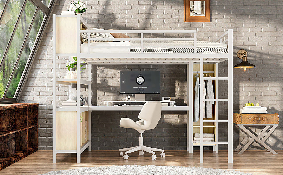 Metal Loft Bed with Wardrobe And L-shaped Desk, Queen Size Loft Bed with Storage Cubes and Shelves, Heavy Duty Loft Bed for Kids Teens Adults, White Wood-grain