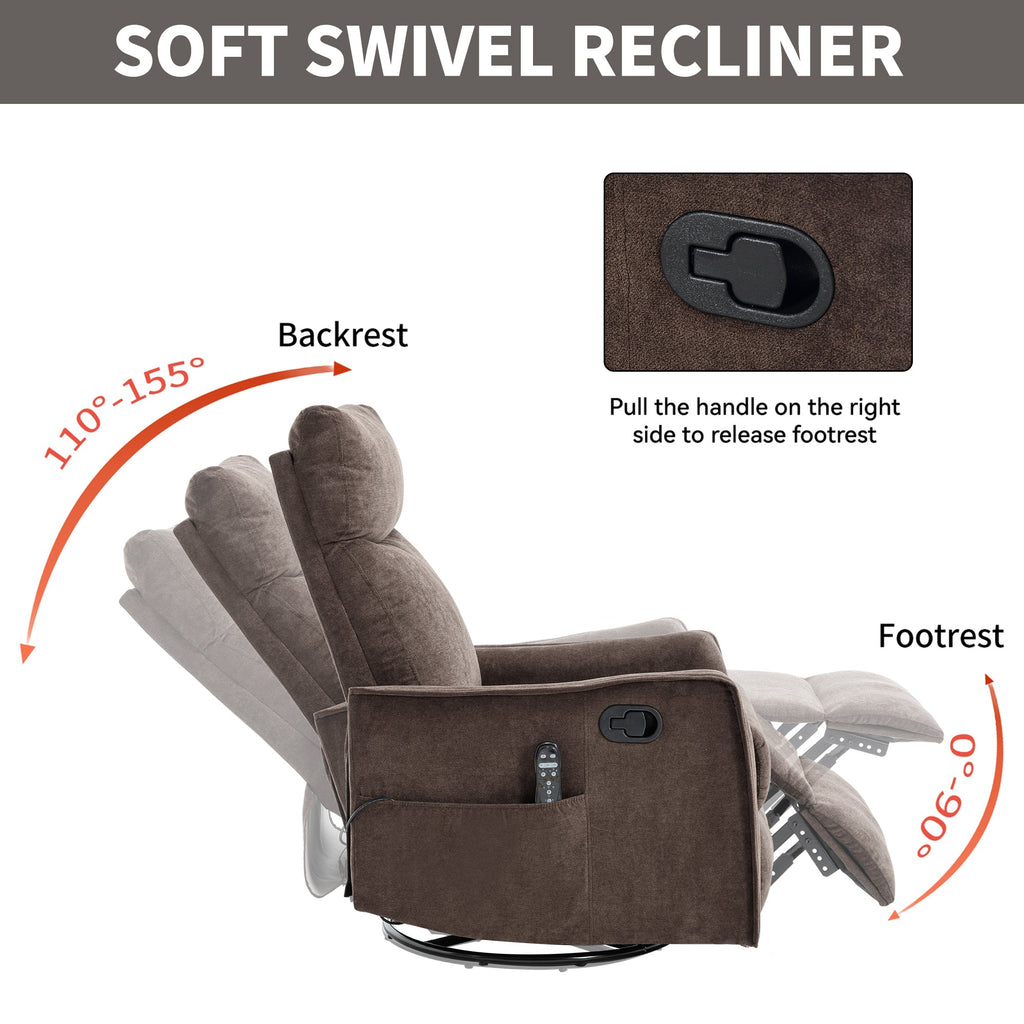 Heat Massage Manual Recliner Chair with Rocker and Swivel in Fabric for Living Room, Brown