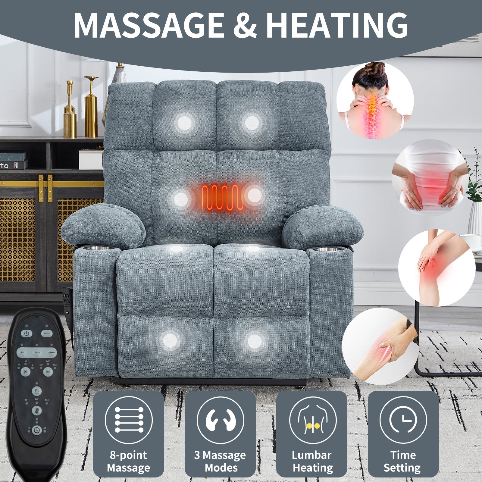Grey Dual Motor Infinite Position Up to 350 LBS Chenille Power Lift Recliner Chair, Heavy Duty Motion Mechanism with 8-Point Vibration Massage and Lumbar Heating, Dual Cup Holders