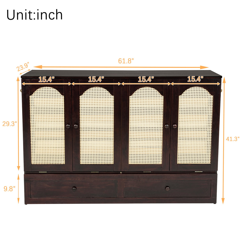 Queen Size Murphy Bed, Pine Wood Cabinet Bed with Power Station and Rattan Decoration Panel,Espresso