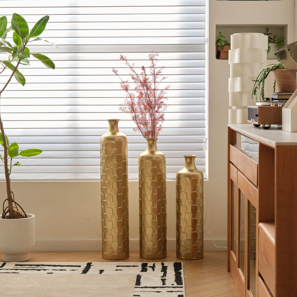 Floor Metal Vases Decorated White Metal Vases Set of 3 Gorgeous Home Decoration Large Glazed Metal Vases 25.2in/29.33in/34.25in Height