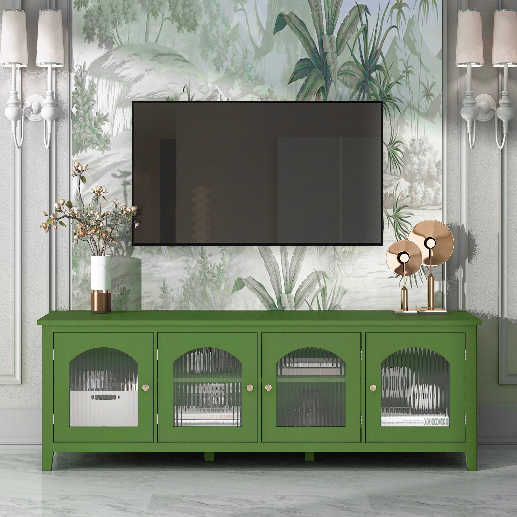 Stylish Antique Green TV Cabinet with Solid Wood Frame and Changhong Glass Door, 71-inch