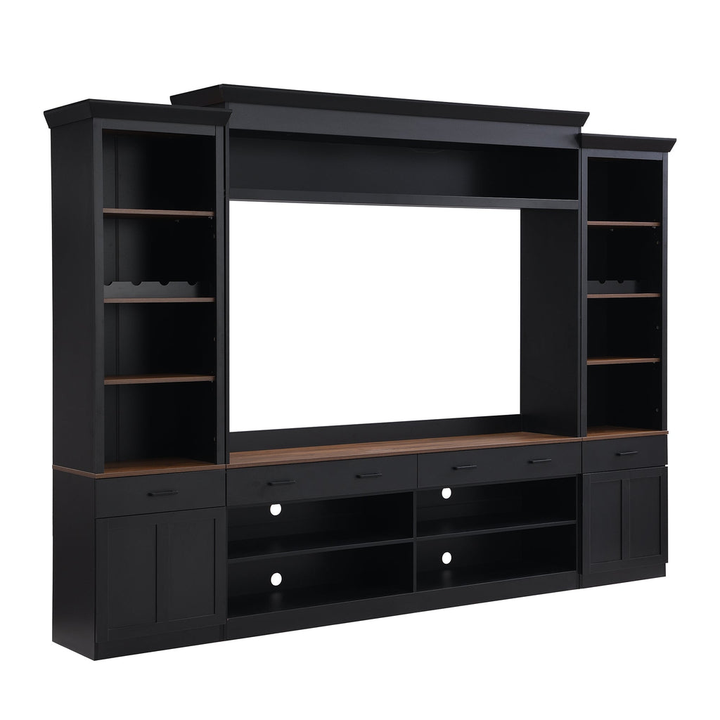 ON-TREND Farmhouse 4-Piece Entertainment Wall Unit Set with Bookshelf for TVs Up to 70', Walnut TV Stand with Adjustable Shelves, Mid-Century Large Media Console with Wine Rack for Living Room, Black
