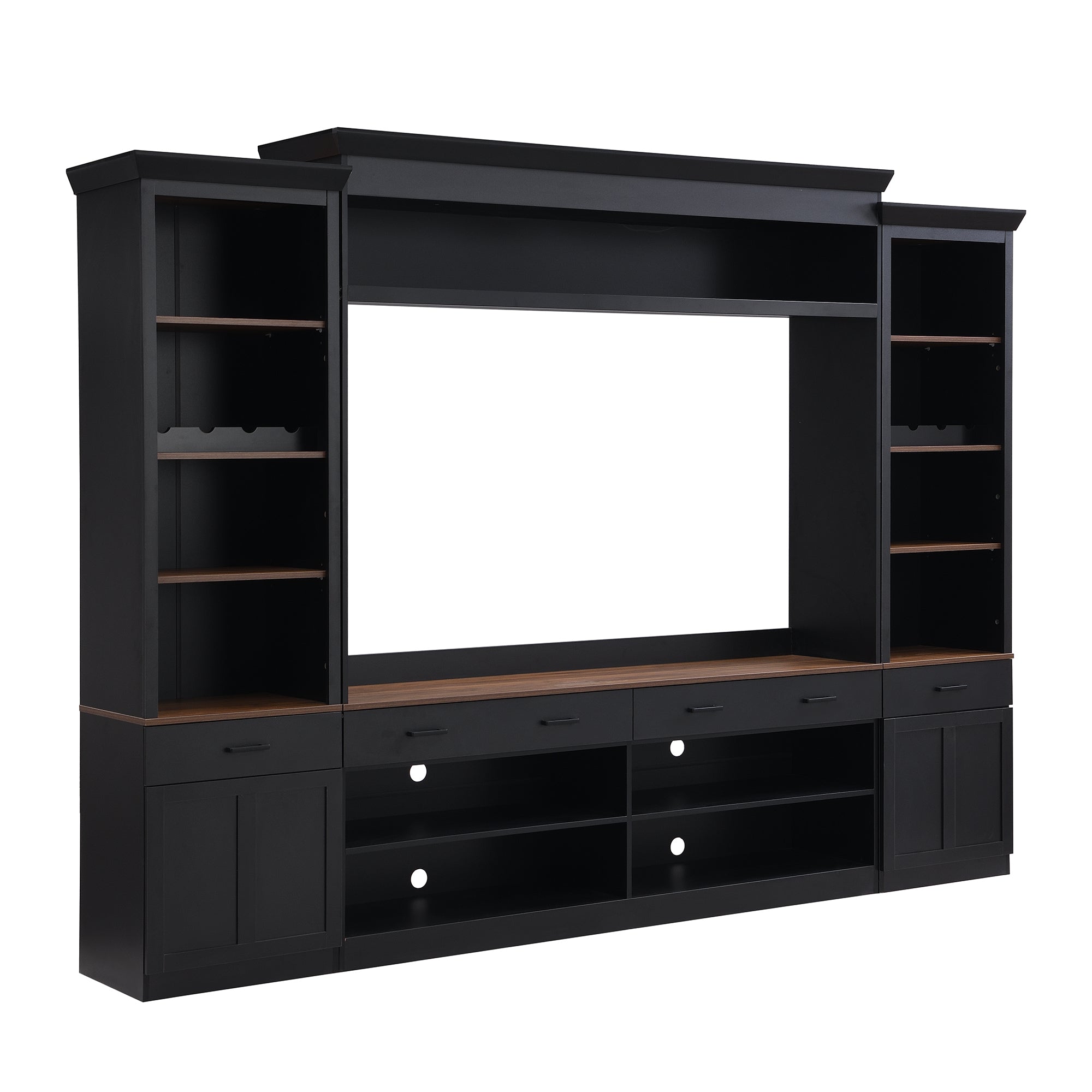 ON-TREND Farmhouse 4-Piece Entertainment Wall Unit Set with Bookshelf for TVs Up to 70', Walnut TV Stand with Adjustable Shelves, Mid-Century Large Media Console with Wine Rack for Living Room, Black