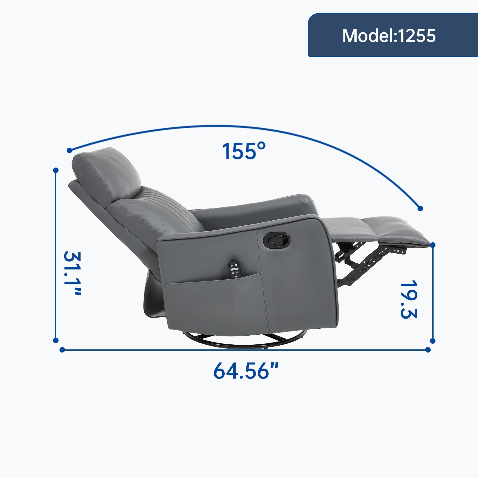 Grey Faux Leather Heat Massage Manual Recliner Chair with Rocker and Swivel for Living Room