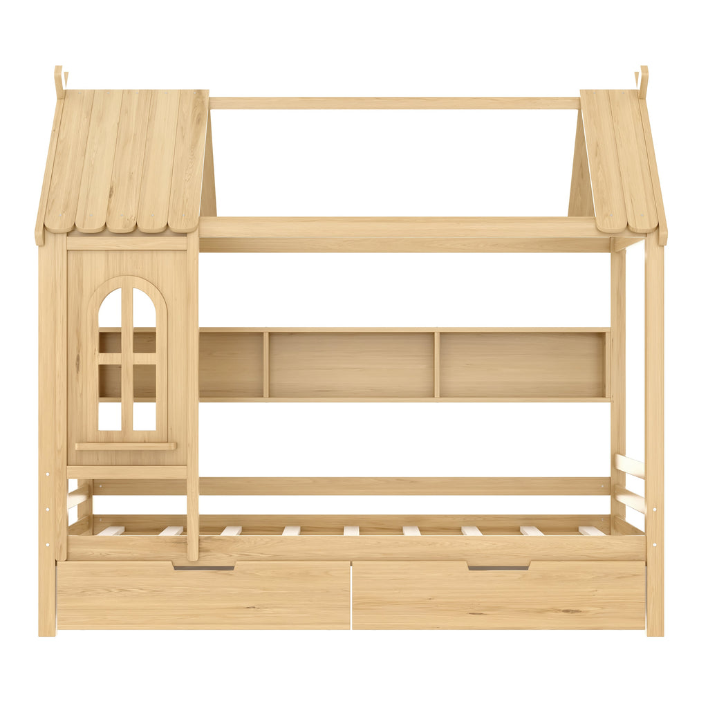 Twin house Beds with Storage Drawers and Window, Solid Wood House Platform Bed Frame with shelves, for Kids, Girls, Boys, No Spring Box Needed and Childlike Design, Natural