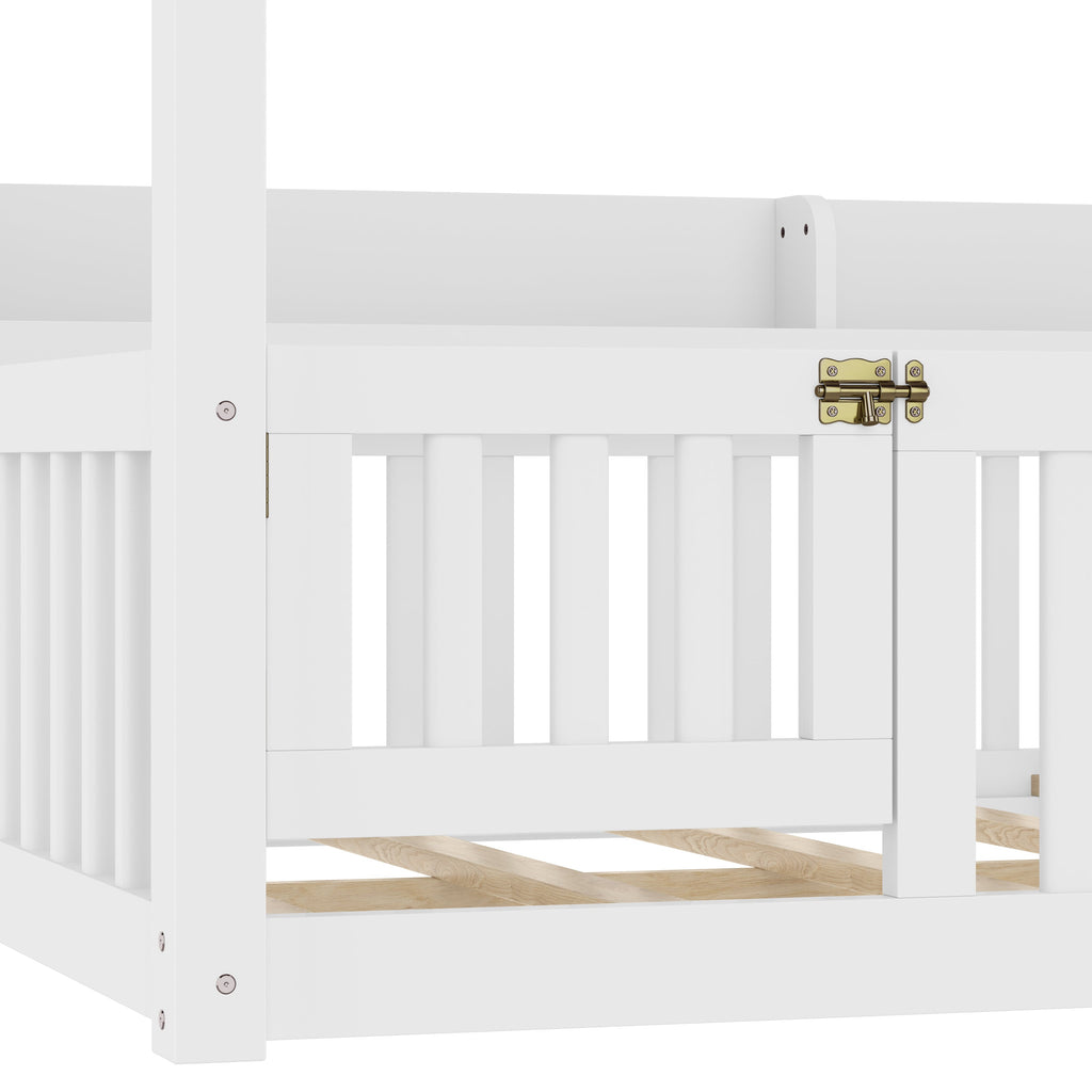 Full Size Canopy Bed with Guardrails, Solid Wood Floor Bed with Shelves, Montessori Floor Bed Frame for Kids, Boys, Girls, No Spring Box Needed, White