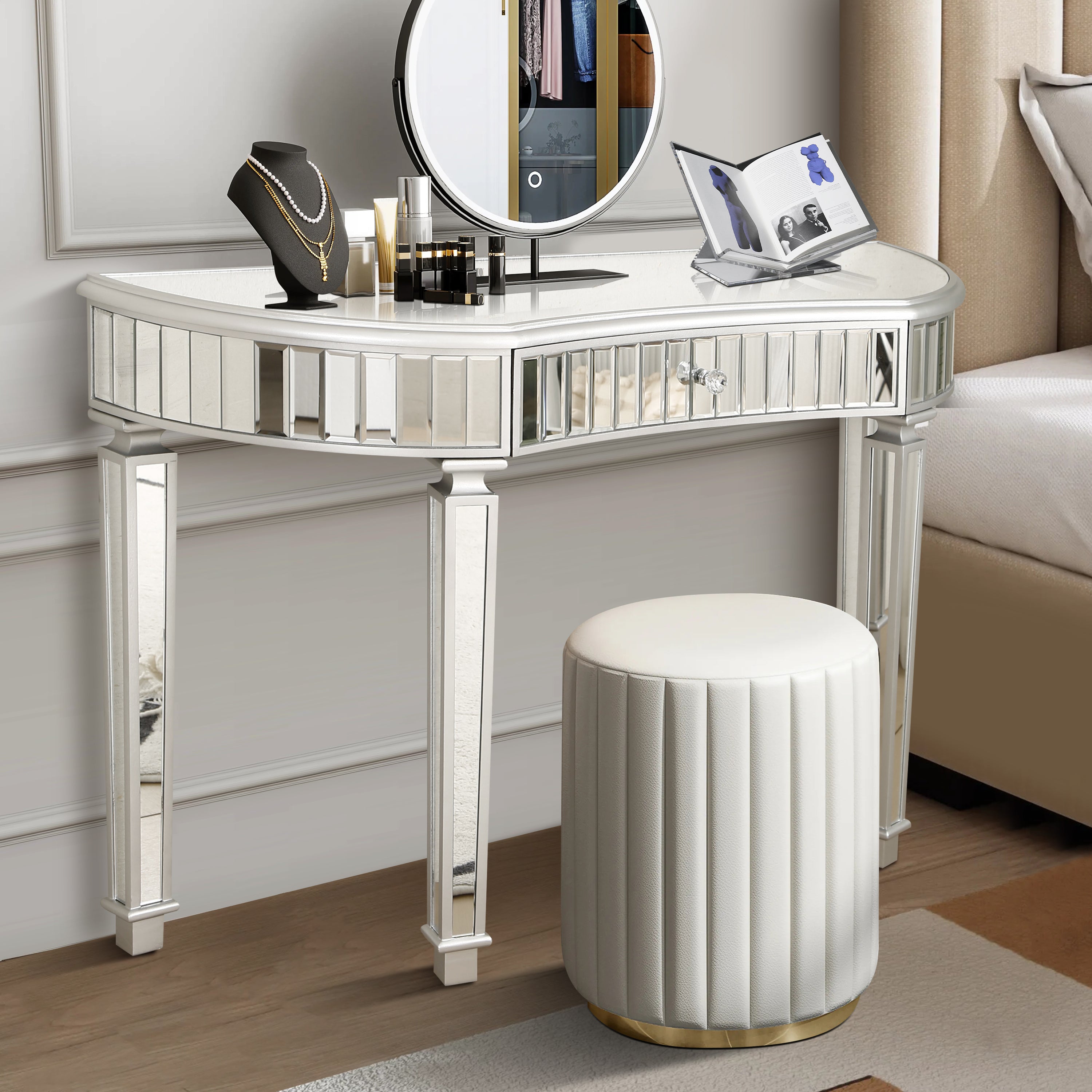 47' Half-Moon Mirrored Console Table with Fluted Glass & Crystal Knob Drawer - Silver Entryway Vanity Desk for Bedroom/Dressing Room(Grey+Sliver)