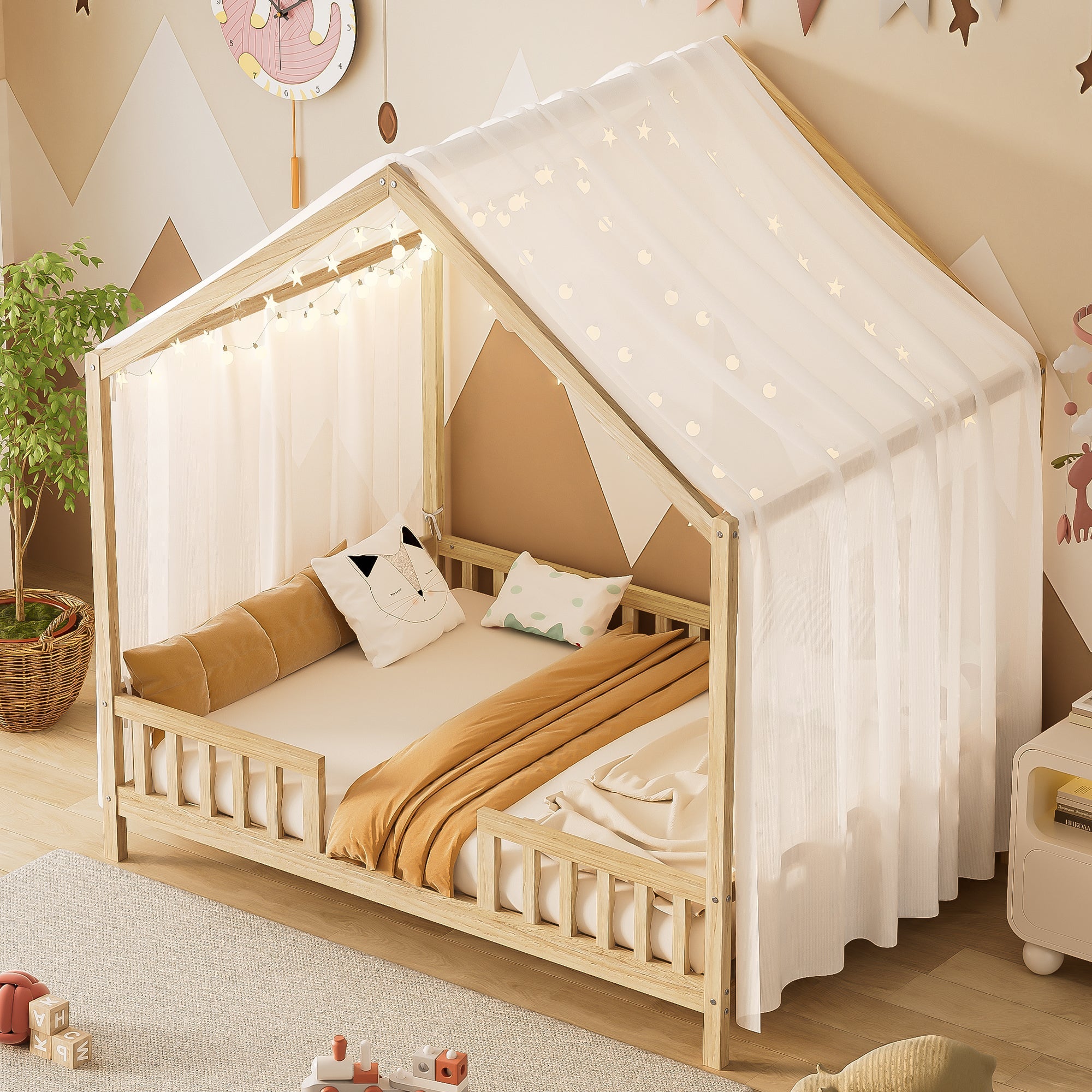 Montessori Floor Bed with Canopy, Full Bed Frame for Kids, House Shape Kids Bed Frame with High Railings, Wood Kids Bed with Roof, Kid Full Bed, Natural