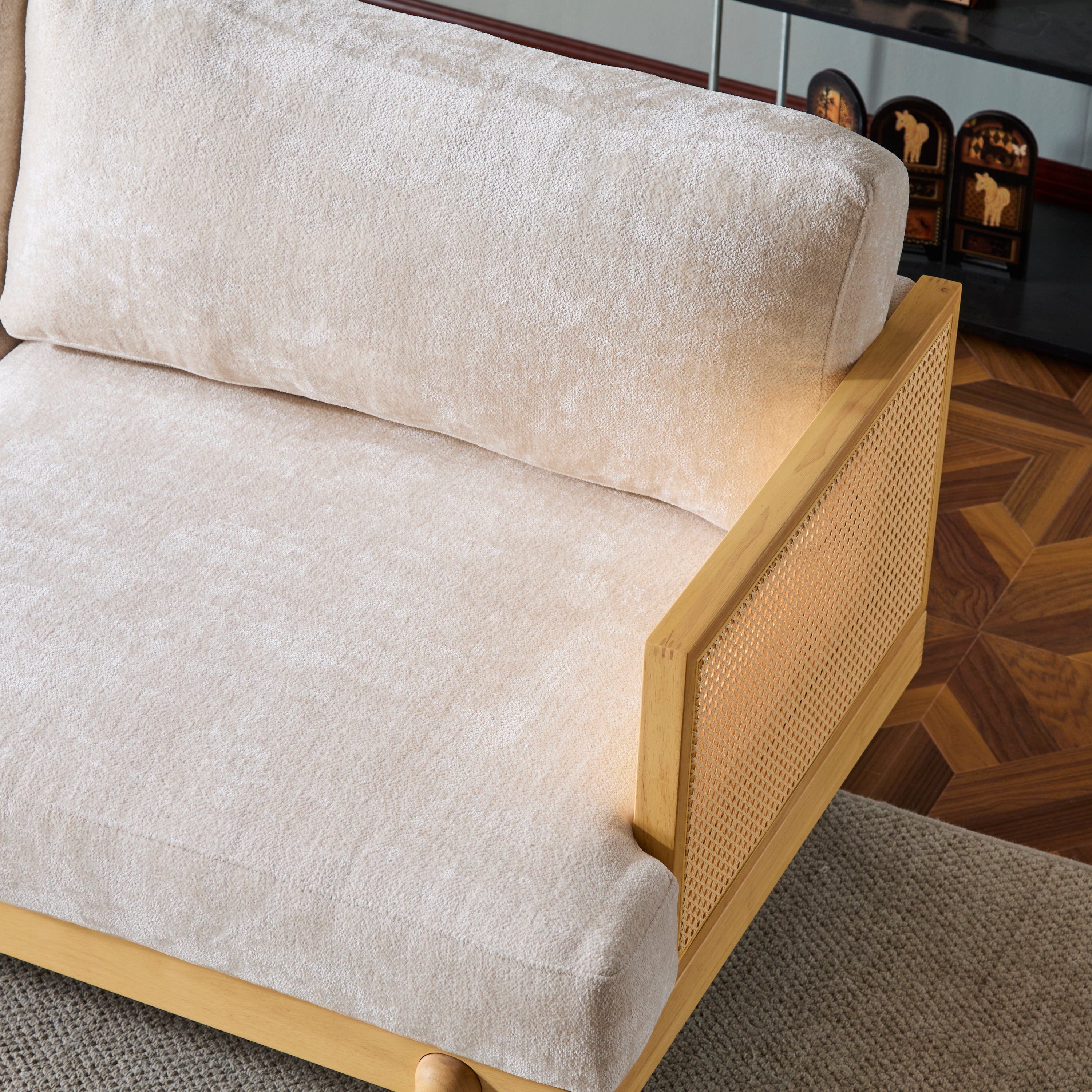 EMIR 72' Square Arm 3-Seater Sofa with Cane Rattan and Wooden Frame,Natural,,Living Rooms,Bedrooms,Apartment Office