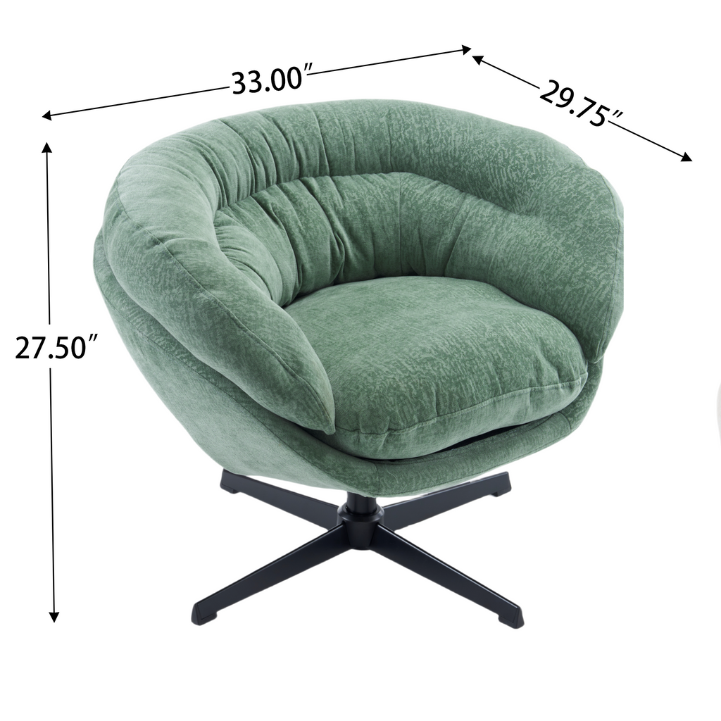 Modern Chenille Office Chair, 360° Swivel Club Chair/Accent Chair with Removable Cushion, Round Office Chair, Black Metal Base, Cotton Material, Living Room, Bedroom, Reading Corner, Office (Green)