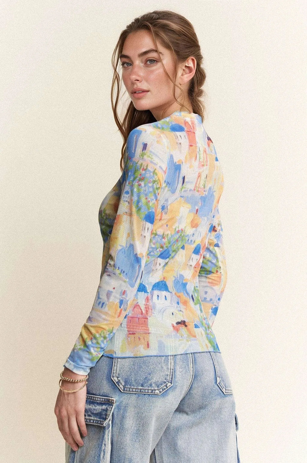 Davi & Dani Multi Printed Mesh Round Neck Long Sleeve Top