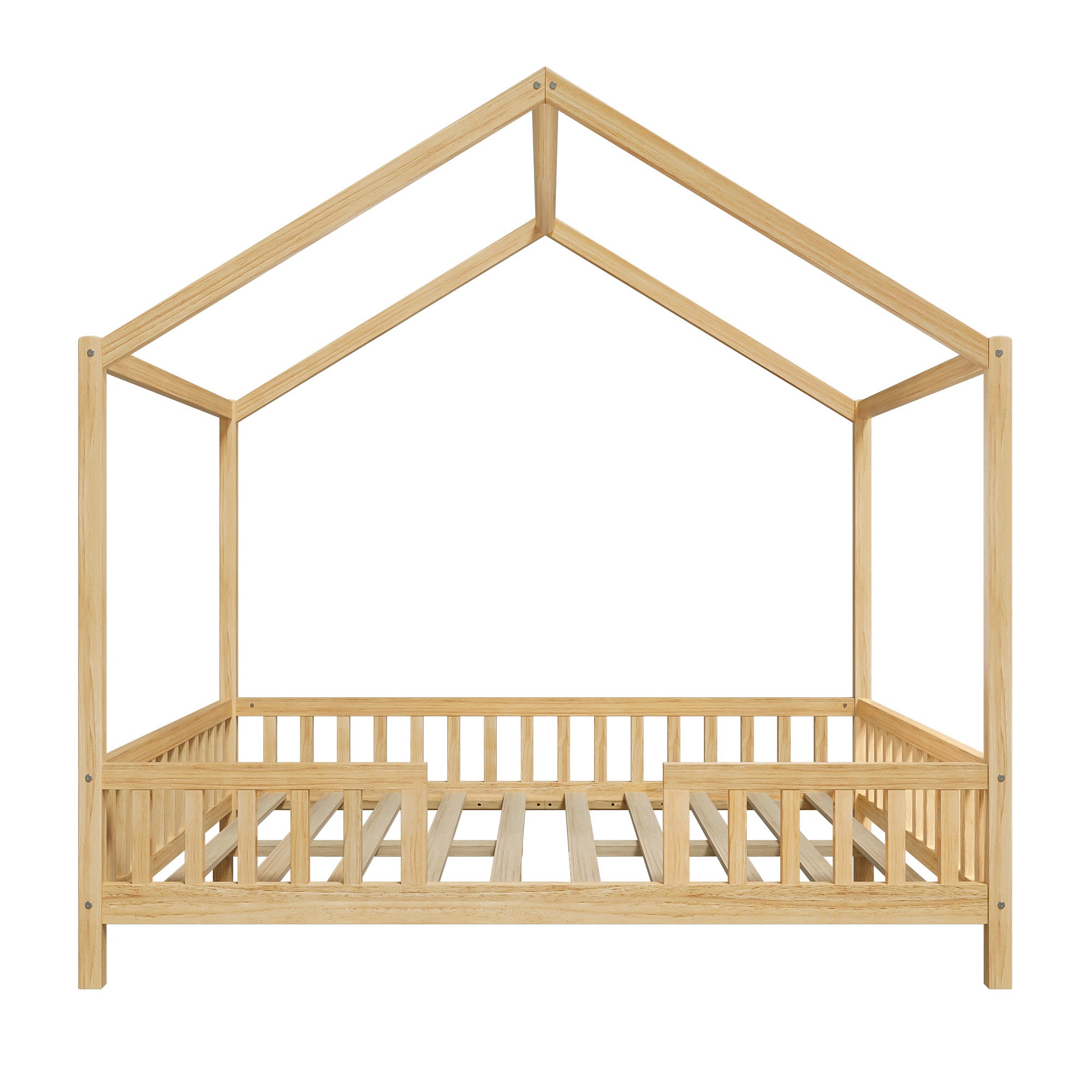 Montessori Floor Bed with Canopy, Full Bed Frame for Kids, House Shape Kids Bed Frame with High Railings, Wood Kids Bed with Roof, Kid Full Bed, Natural