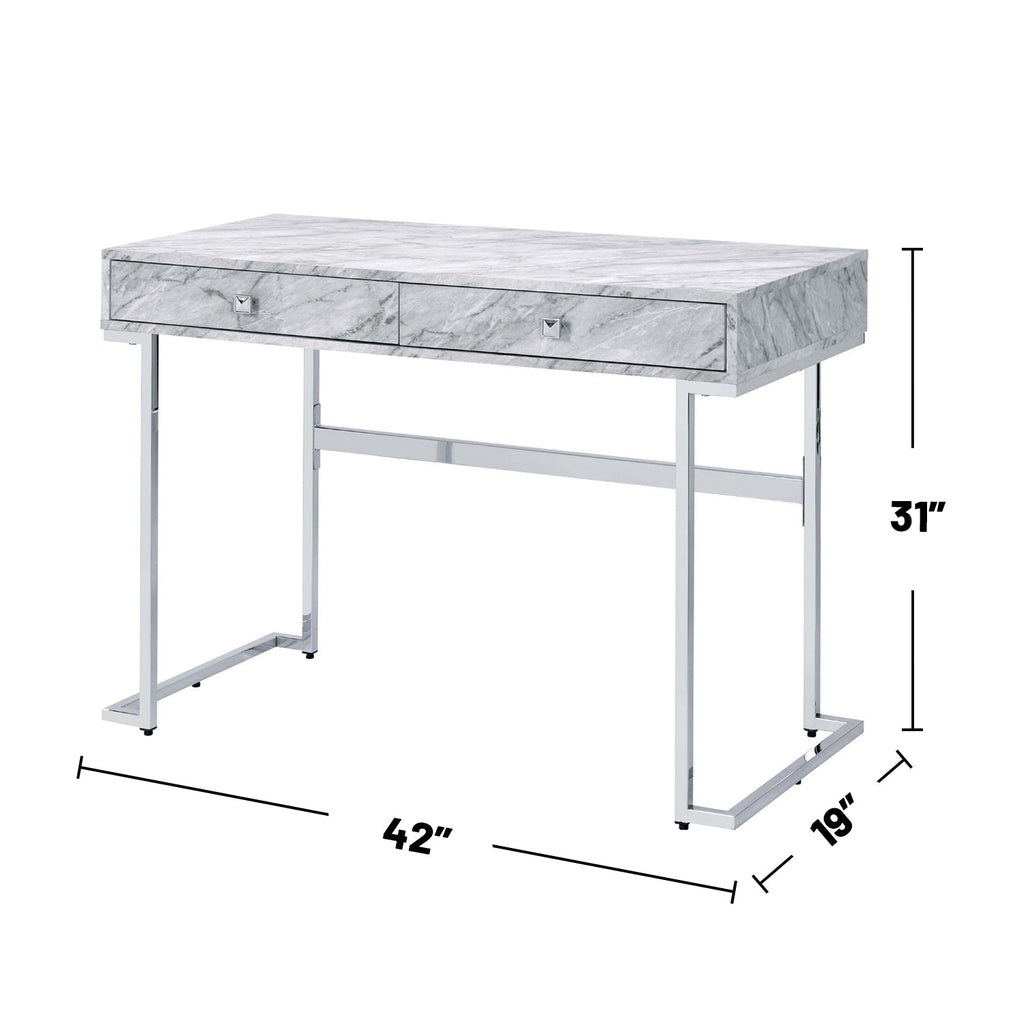 Rectangular Writing Desk with 2 Drawers, White Engineered Stone Top and Chrome