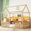 Twin Size House Bed with LED Light, Wood House Bed with Storage Bookshelf, Floor House Bed with Guardrails for Kids, Natural (Expect Arrival Date 2025/3/14)