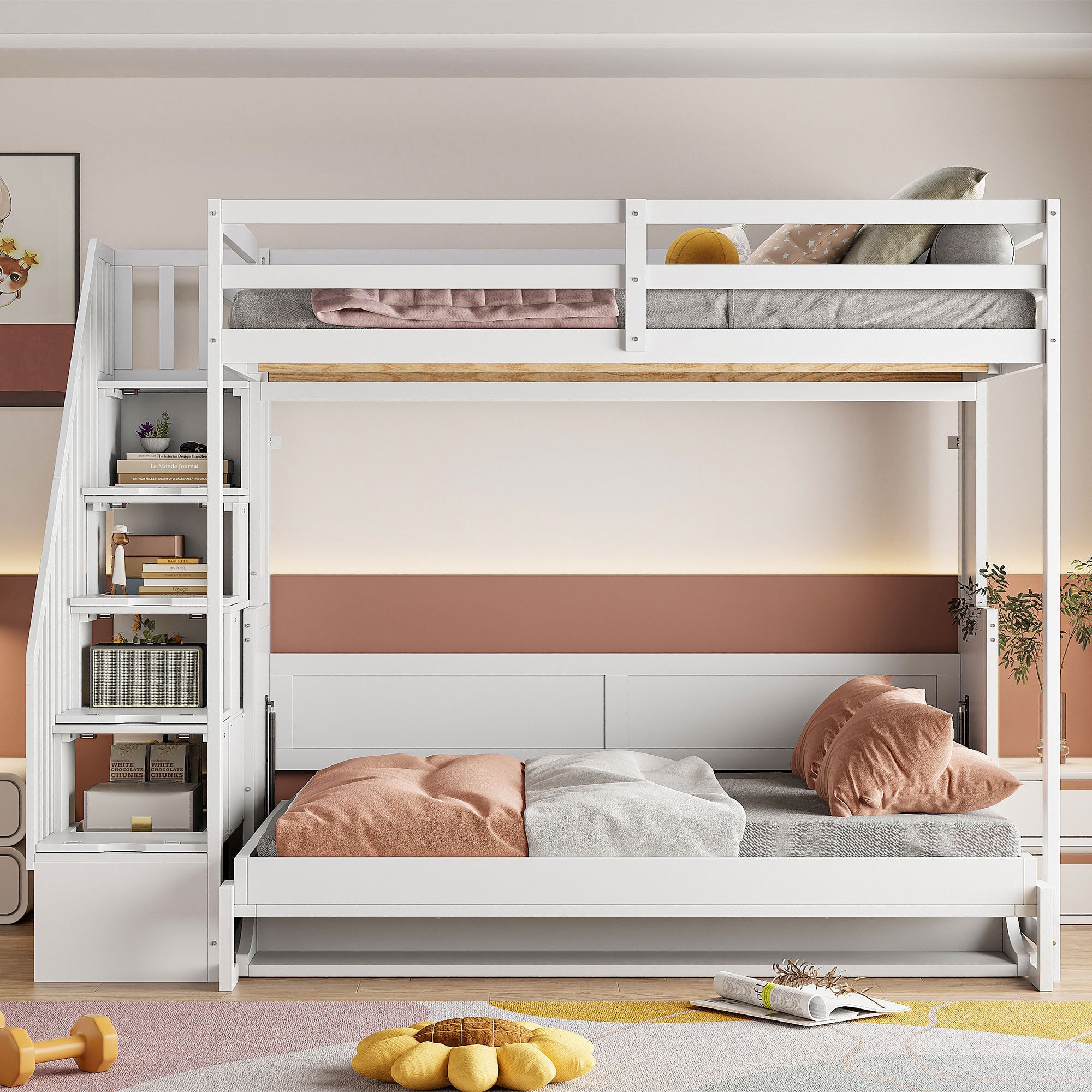 Full Over Full Size Murphy Bed with Hydraulic Lift & Desk Design, White