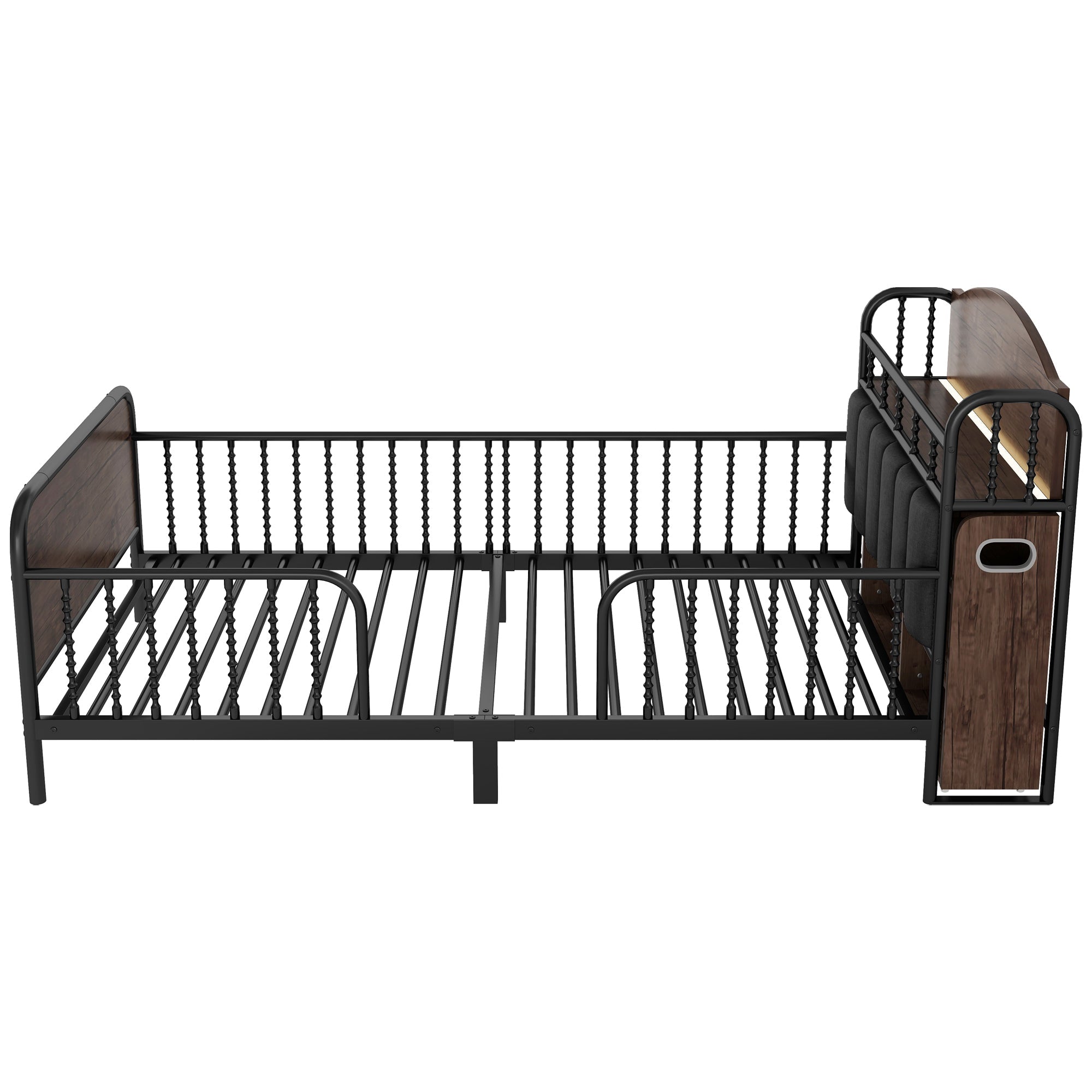 Twin Size Metal Platform Bed Frame with Light, Kids Twin Metal Bed with Upholstered and Pull Out Storage Shelves, Black (Expect Arrival Date 2025/10/5)