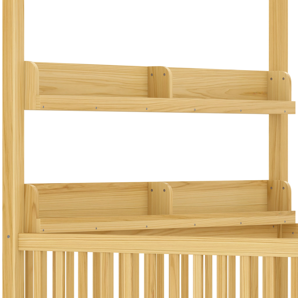 Full Size Canopy Bed with Guardrails, Solid Wood Floor Bed with Shelves, Montessori Floor Bed Frame for Kids, Boys, Girls, No Spring Box Needed, Natural