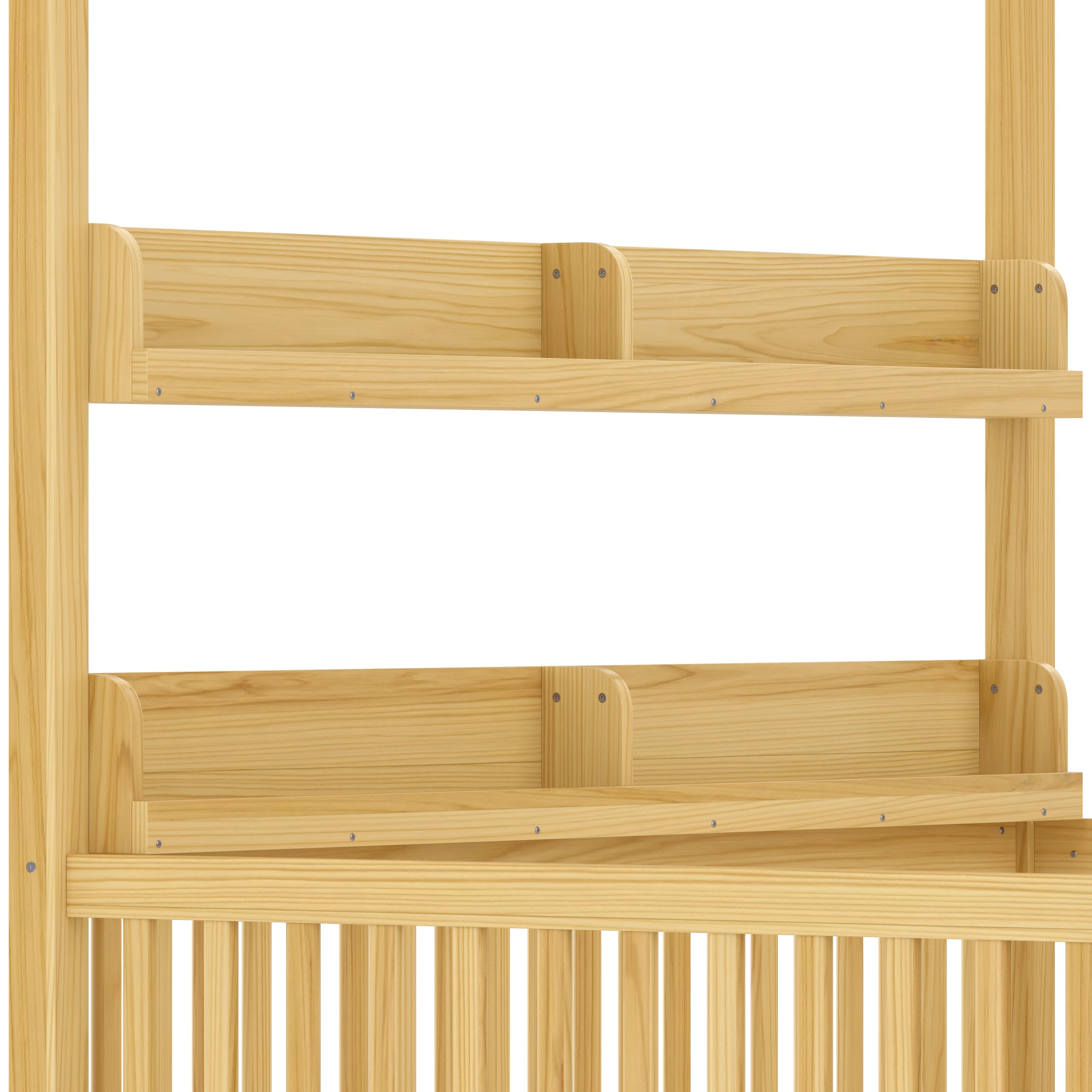 Full Size Canopy Bed with Guardrails, Solid Wood Floor Bed with Shelves, Montessori Floor Bed Frame for Kids, Boys, Girls, No Spring Box Needed, Natural