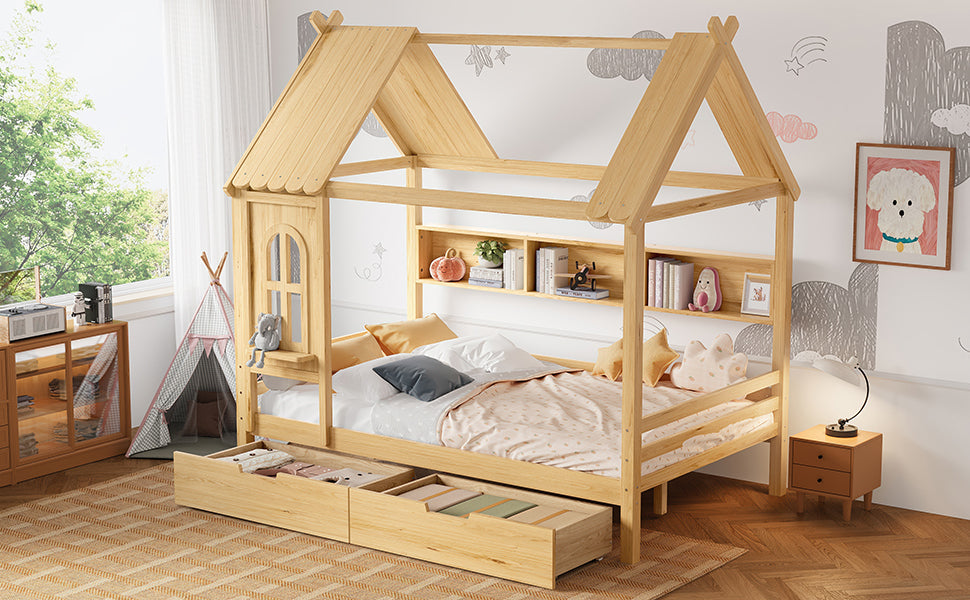 Full house Beds with Storage Drawers and Window, Solid Wood House Platform Bed Frame with shelves, for Kids, Girls, Boys, No Spring Box Needed and Childlike Design, Natural