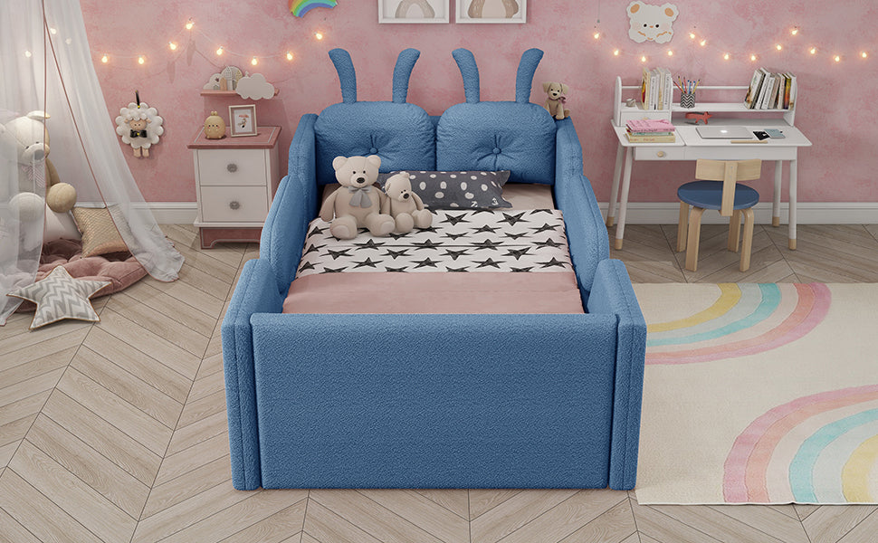Twin Size Upholstered Platform Bed with Rabbit Cushion, Kids Floor Upholstered Bed with Removable Side Rails, Blue(Expect Arrival Date 2025/1/15)
