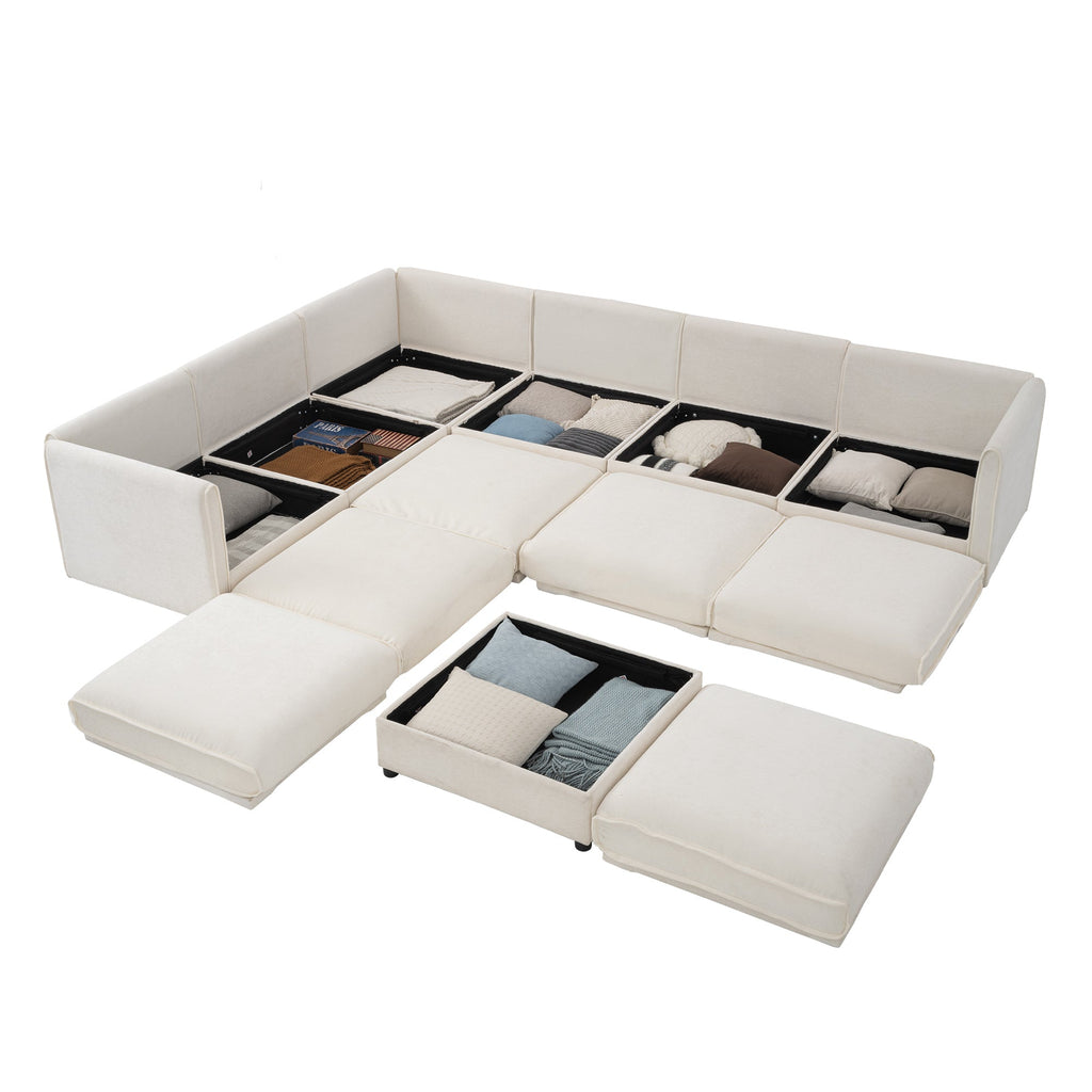 Large Modular Sectional Sofa Sectional Couch with Storage Chenille Sectional Sofa for Living Room, Cylindrical Backrest and Armrests 6 Seats,White