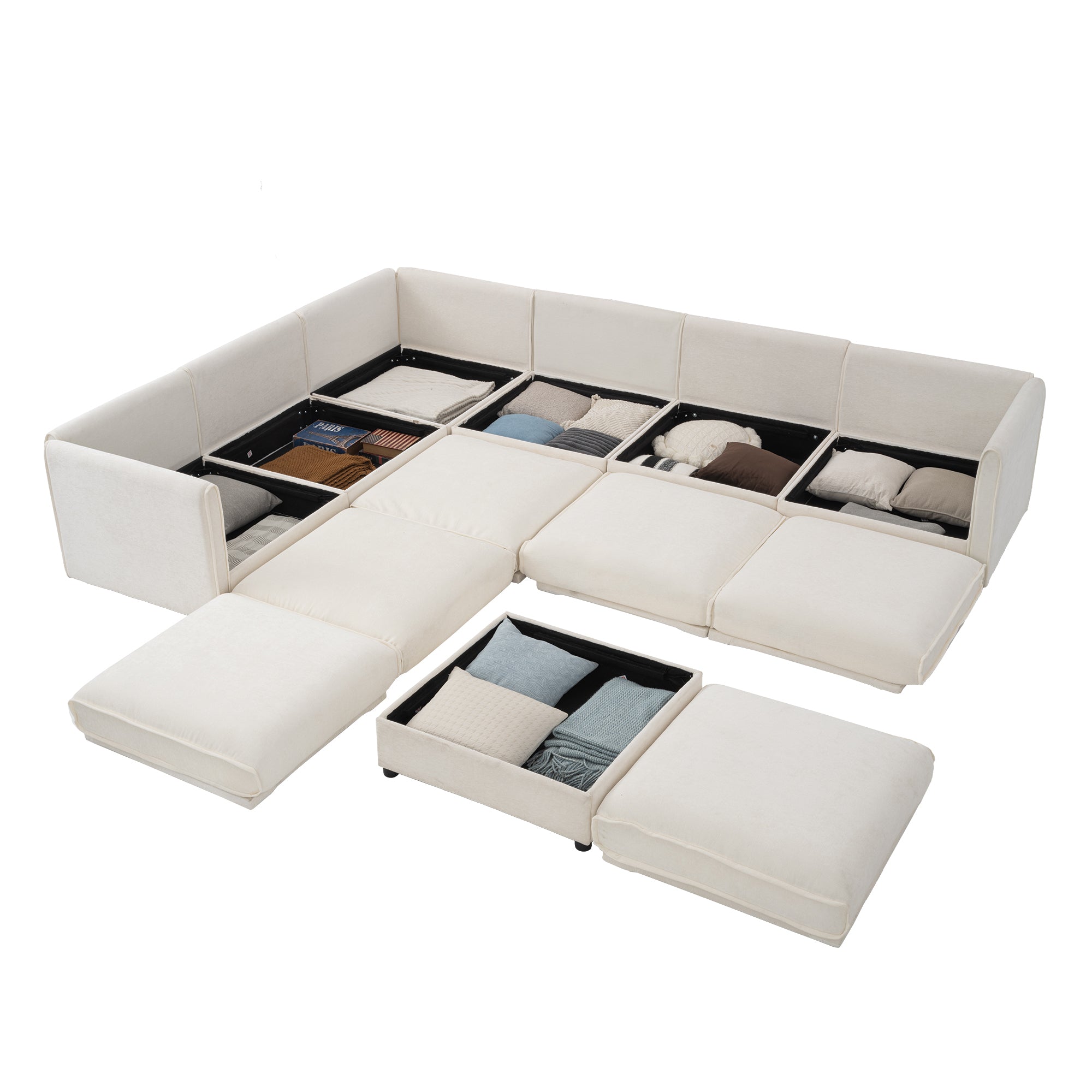 Large Modular Sectional Sofa Sectional Couch with Storage Chenille Sectional Sofa for Living Room, Cylindrical Backrest and Armrests 6 Seats,White