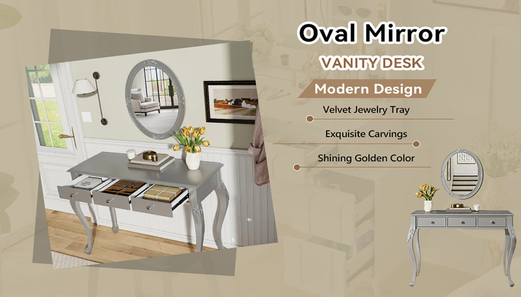 Luxury Makeup Vanity Desk with Oval Mirror, 3-Drawer Dressing Table for Jewelry Storage, Elegant Console Table for Entryway, Living Room & Bedroom, Stylish Home Decor,Silver