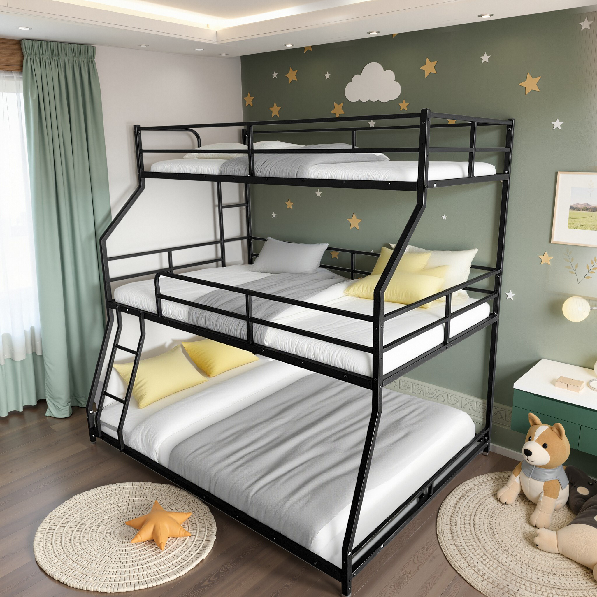 Triple Bed with Long and Short Ladder & Full-Length Guardrails , Easy Assembly ,for Kid Boy Girl ,Black