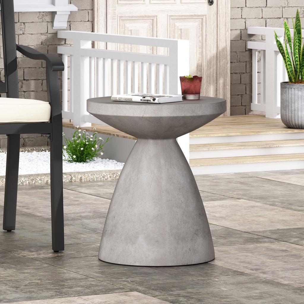 Modern Outdoor Lightweight Concrete Side Table with Hourglass Design in Natural Magnesium Oxide, 18x18x20.25 inches