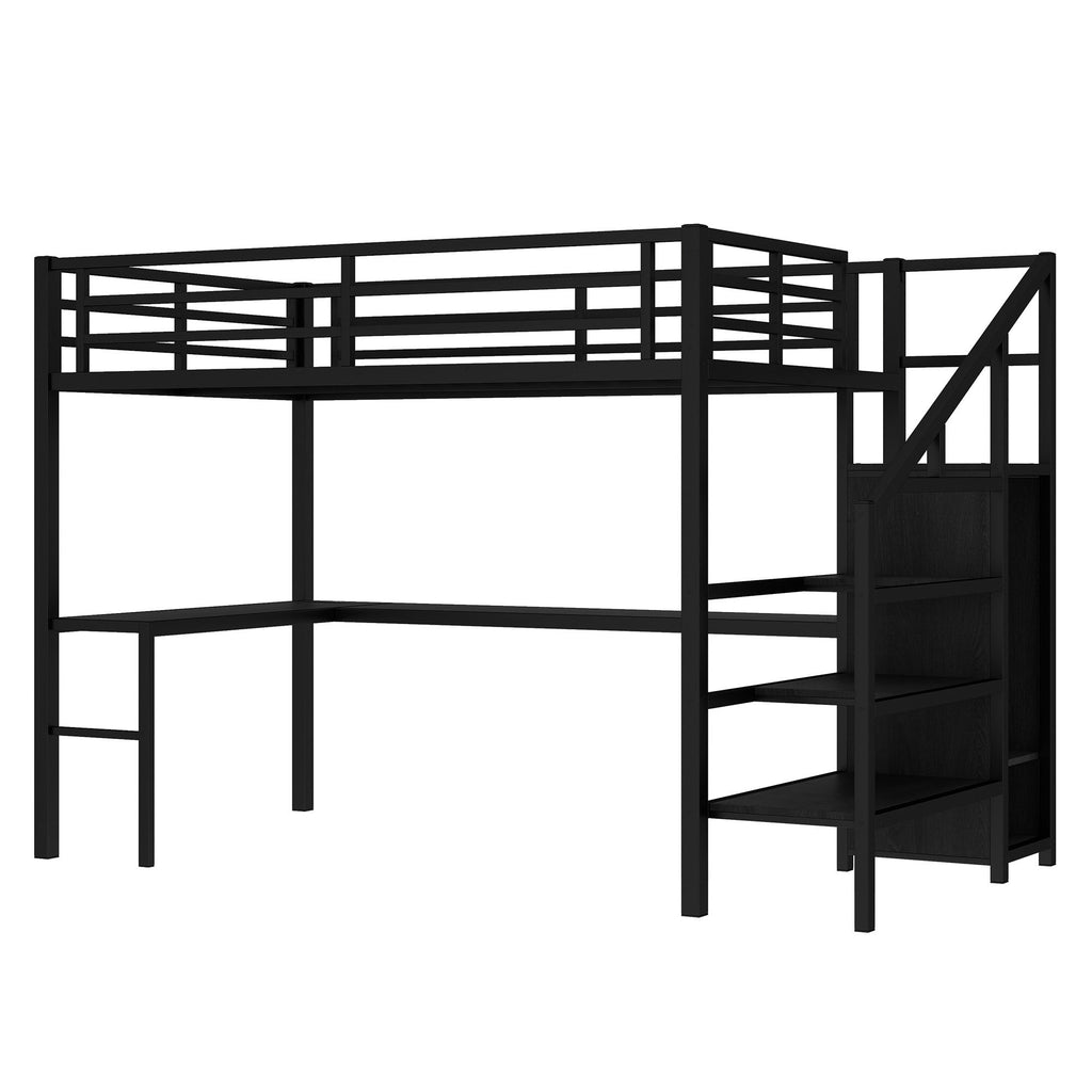 Full Size Loft Bed with L-shaped Desk and USB, Metal Loft Bed with Wardrobe and Adjustable Shelf, High Loft Bed with LED for Kids Teens Adults, Black