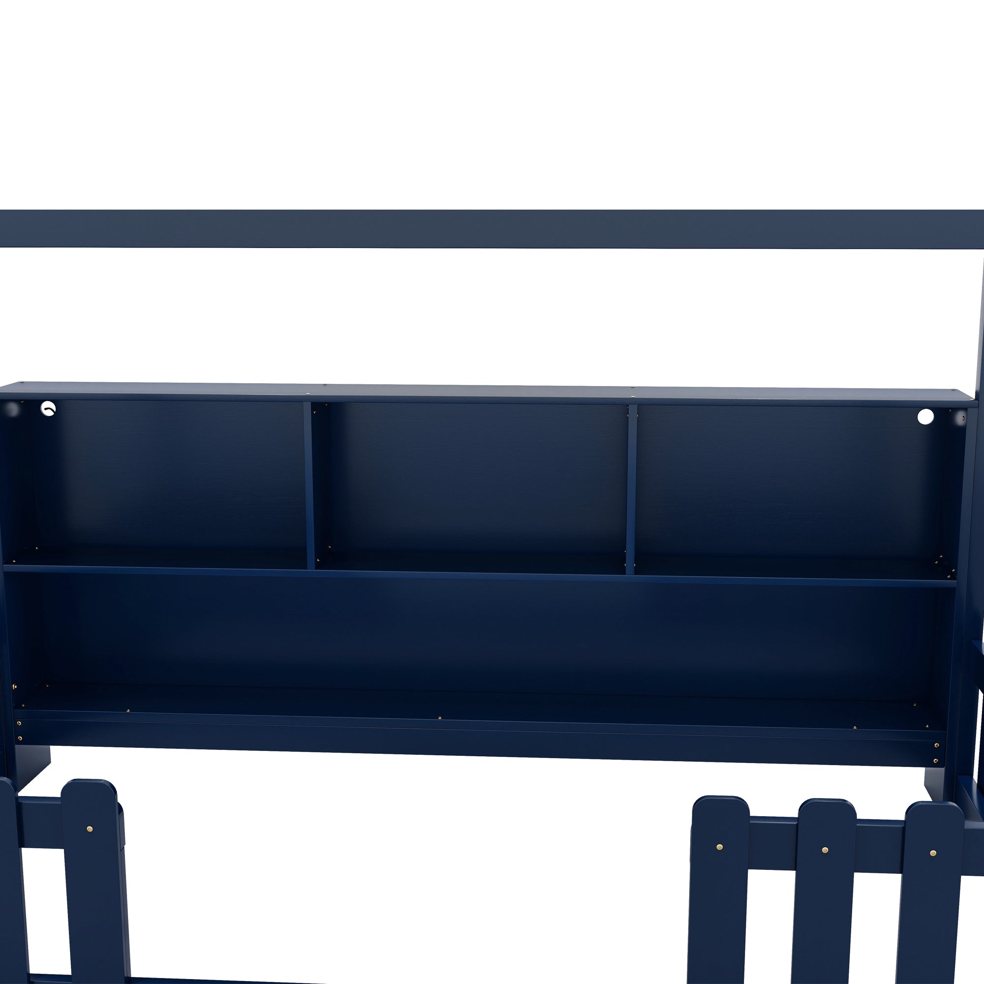 Twin Size House Bed with LED Light, Wood House Bed with Storage Bookshelf, Floor House Bed with Guardrails for Kids, Navy Blue (Expect Arrival Date 2025/3/14)