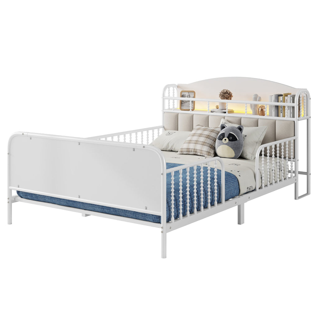 Full Size Metal Platform Bed Frame with Light, Kids Full Metal Bed with Upholstered and Storage Headboard, White (Expect Arrival Date 2025/10/5)