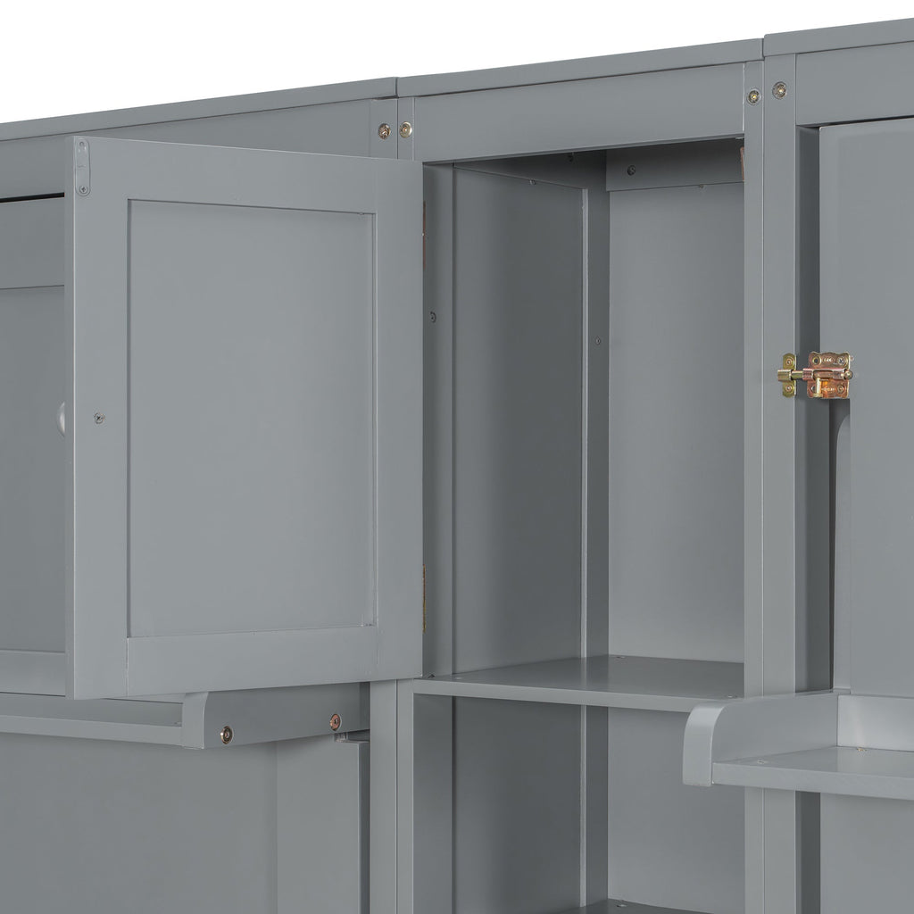 Dual Twin size Wall Murphy Beds with Cabinets and Shelves, Gray