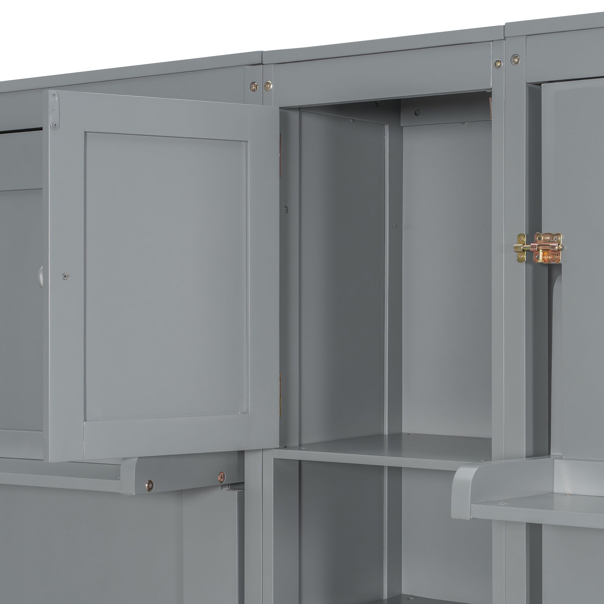 Dual Twin size Wall Murphy Beds with Cabinets and Shelves, Gray
