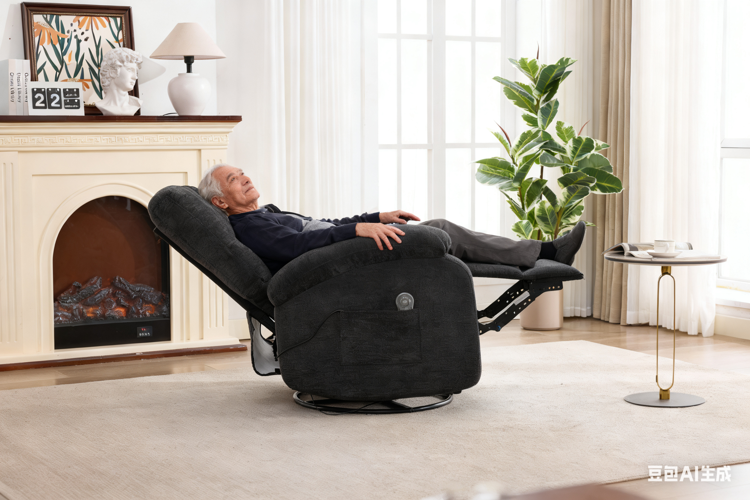 Hot massage manual lounge chair, with rocker arms and rotating fabric, with cup bucket, for living room, black