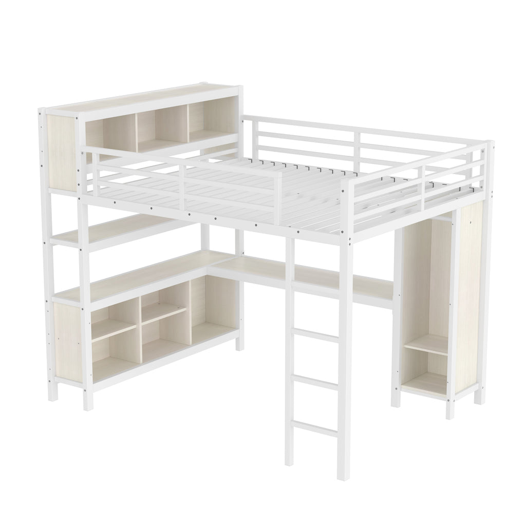 Metal Loft Bed with Wardrobe And L-shaped Desk, Queen Size Loft Bed with Storage Cubes and Shelves, Heavy Duty Loft Bed for Kids Teens Adults, White Wood-grain