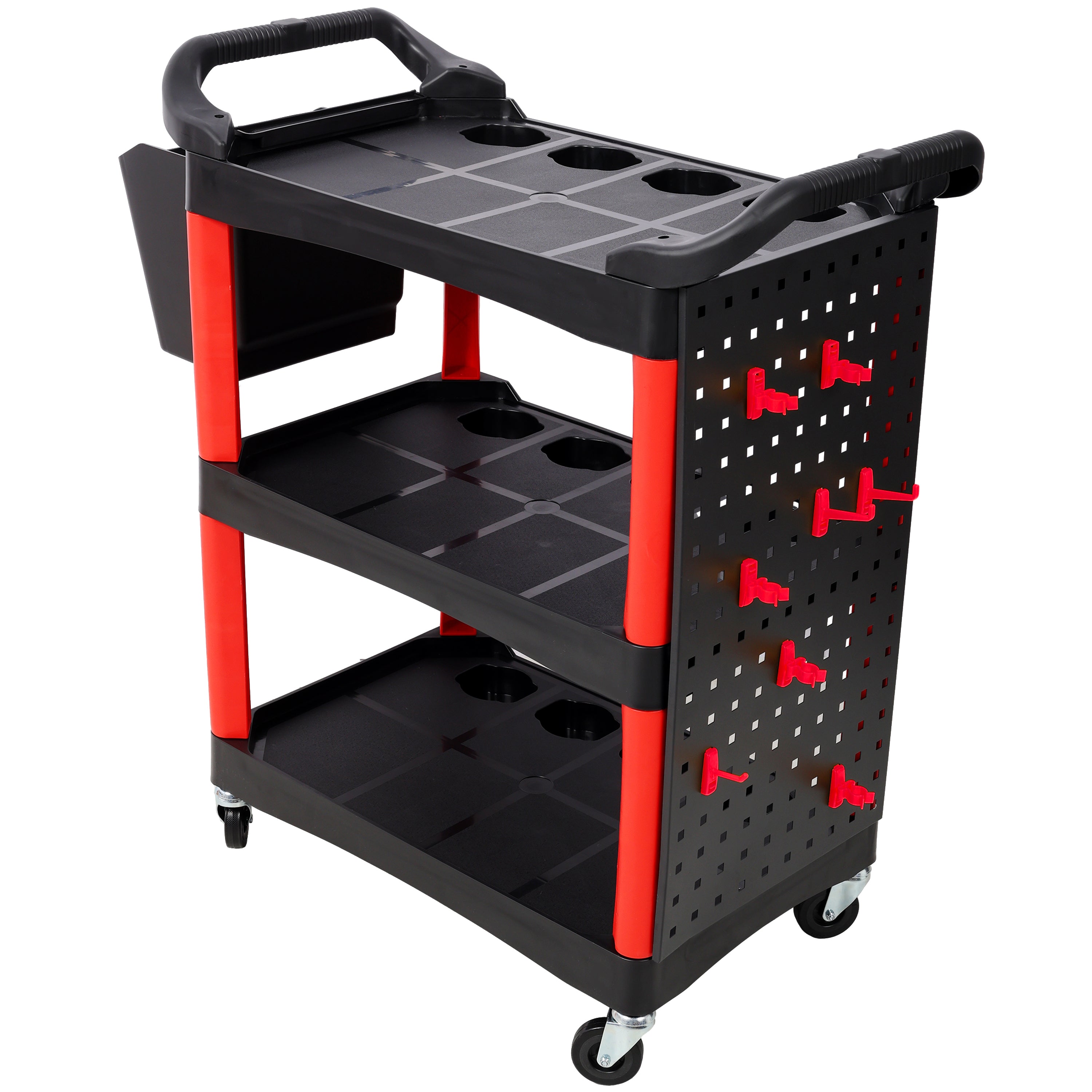 3 Tier Rolling Auto Detail Cart With Wheels,With Bucket & Panel & Hook,for Detailers Garage, Workshop, Repair Shop, Storage Tool,Red&Black