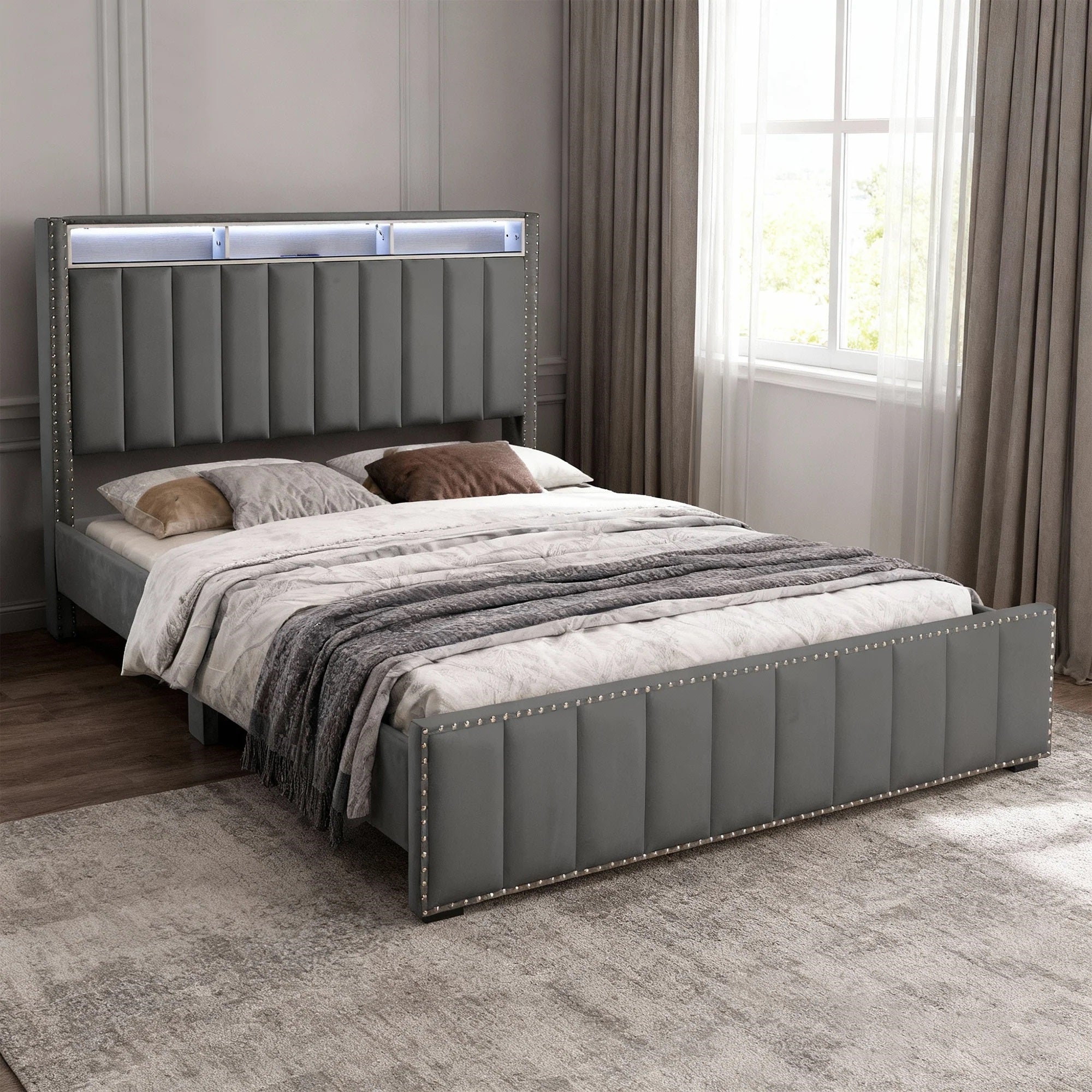 Contemporary 3pc Bedroom Set Full Size Bed 2x Nightstands Bedroom Furniture Dark Gray Fabric Upholstered Bedframe w LED Nailhead Trim