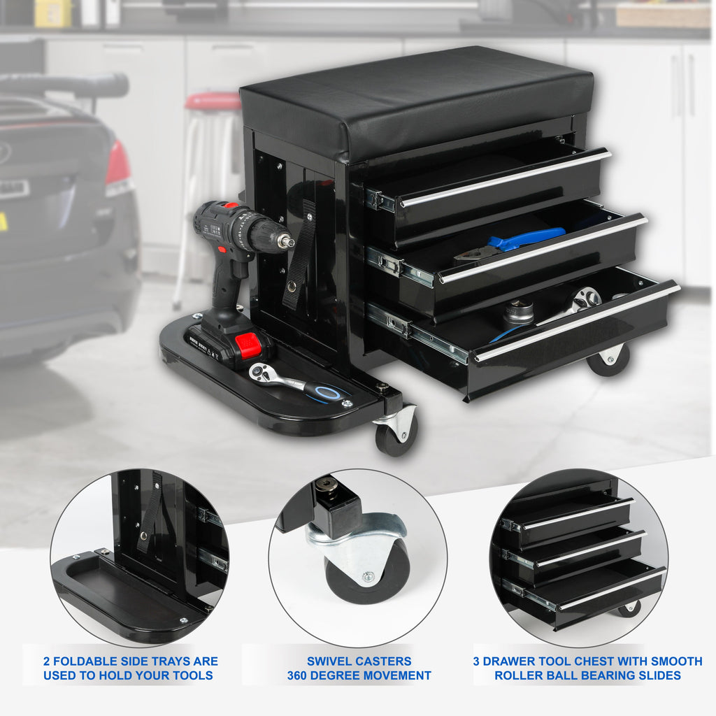 3-Drawer Tool Chest Rolling Mechanic Seat with Tool Trays,350lbs Max Weight Capacity,Black