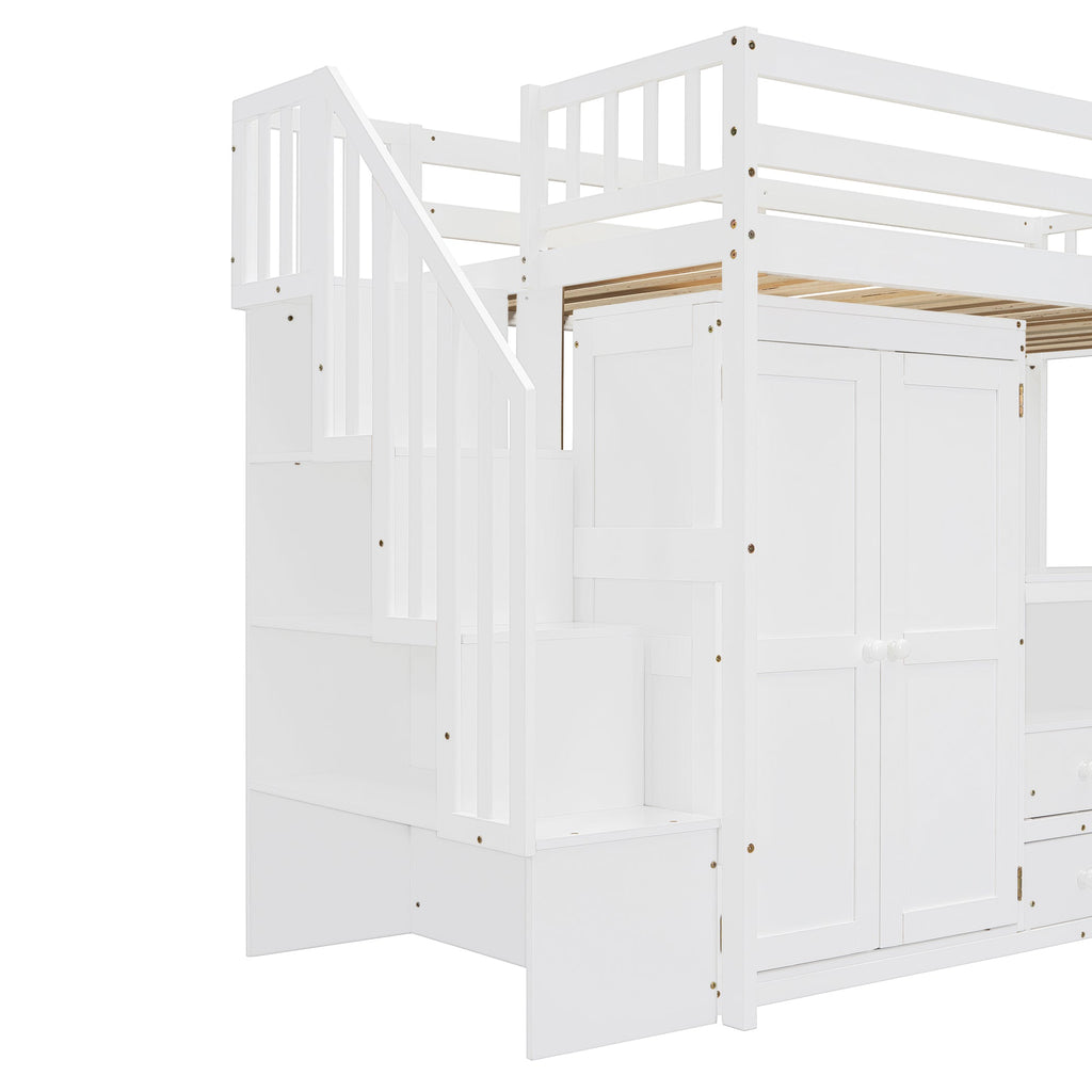 Twin Size Loft Bed with Stairs, Bookshelf, Drawers, Desk & Wardrobe – Space-Saving Multifunctional Furniture for Kids & Teens-White