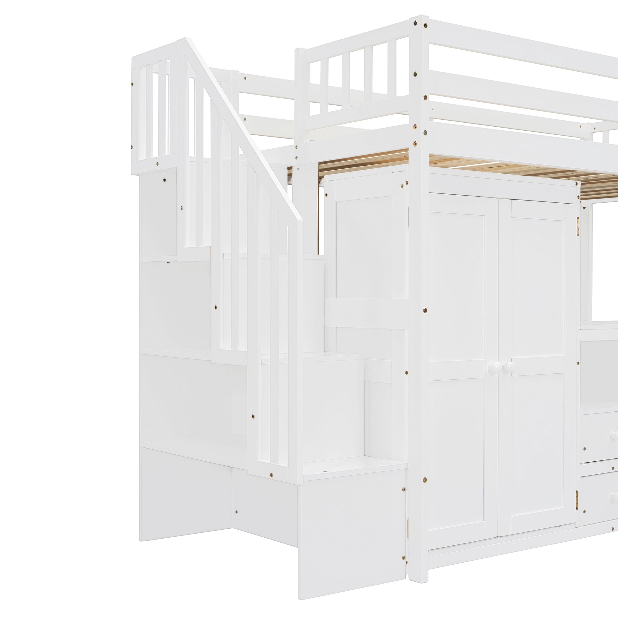 Twin Size Loft Bed with Stairs, Bookshelf, Drawers, Desk & Wardrobe – Space-Saving Multifunctional Furniture for Kids & Teens-White