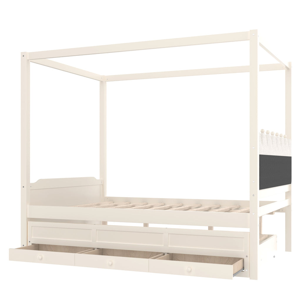Full Platform Bed with Upholstered Headboard,Twin Size Trundle and 3 Drawers,Princess Canopy Bed Frame for Kids,Storage & Easy Assembly,Beige.