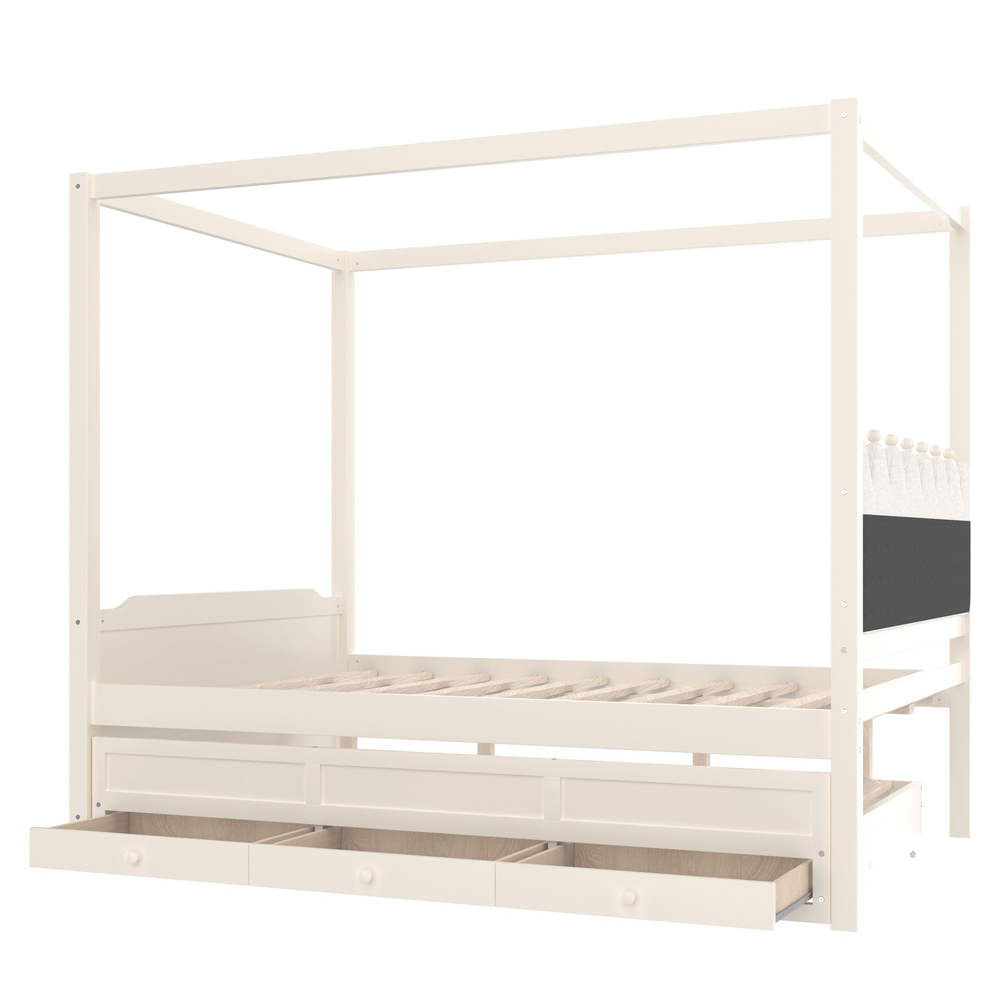 Full Platform Bed with Upholstered Headboard,Twin Size Trundle and 3 Drawers,Princess Canopy Bed Frame for Kids,Storage & Easy Assembly,Beige.