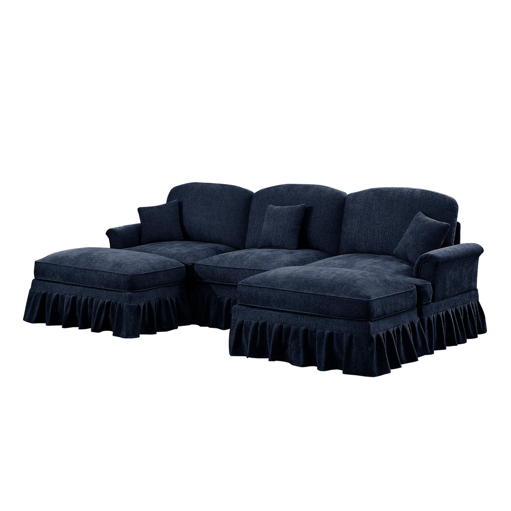 Classic Comfy Modular U Shape Sectional Sofa Couch with Flared Arms and Removable Ruffles Pleats Skirts and Spindle Legs, Upholstered Chenille Deep Seat Cloud Sofa with Movable Ottomans, Blue