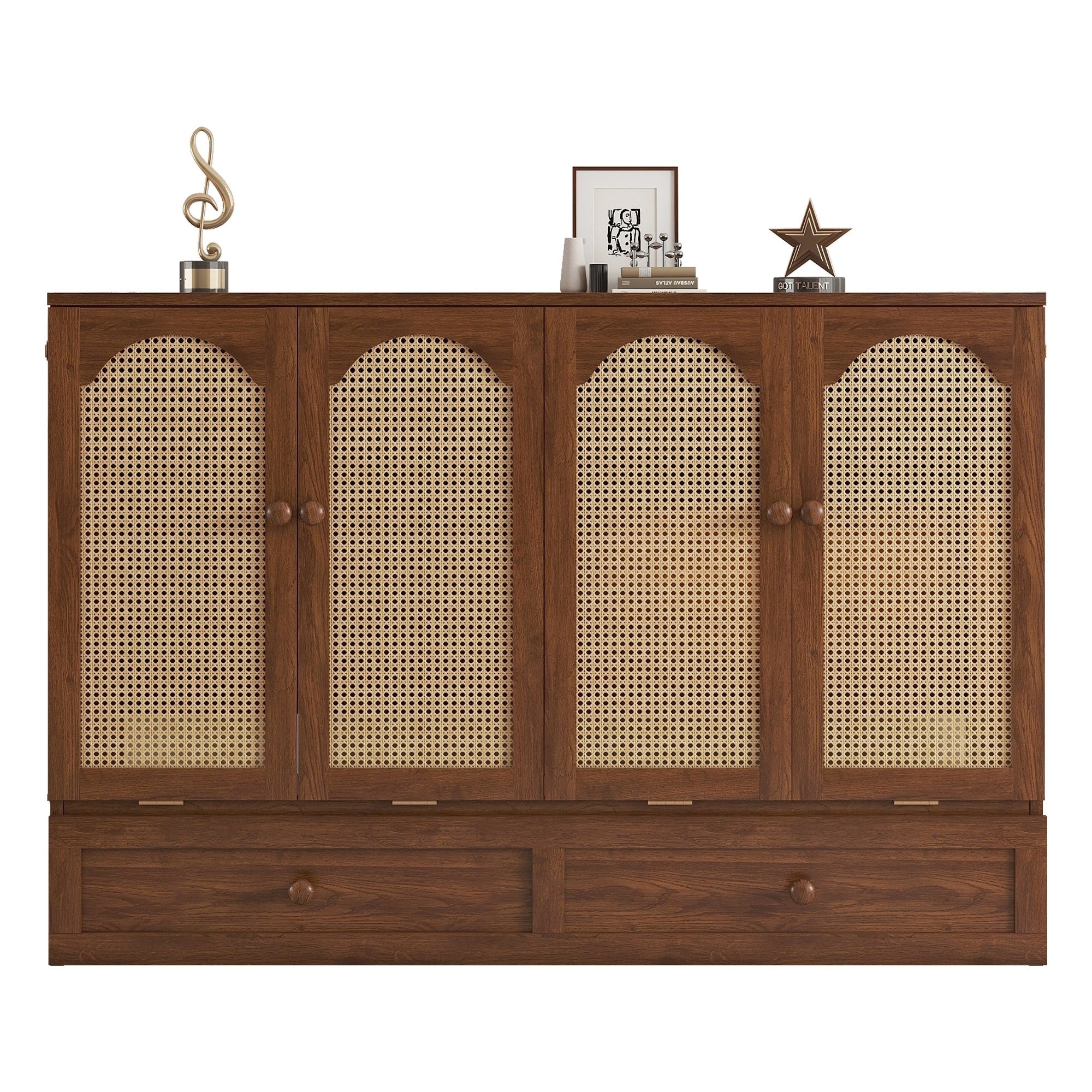 Queen Size Murphy Bed, Pine Wood Cabinet Bed with Power Station and Rattan Decoration Panel,Walnut